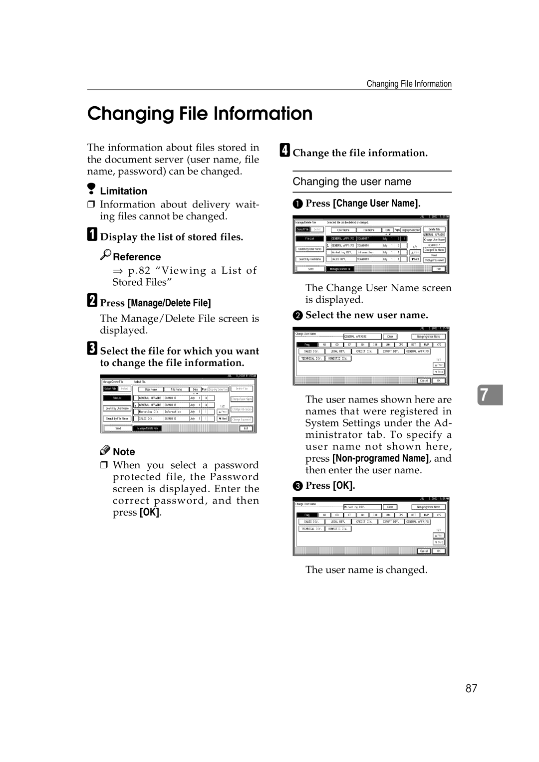 Savin 1075 appendix Changing File Information, Changing the user name, Change the file information, Press Change User Name 