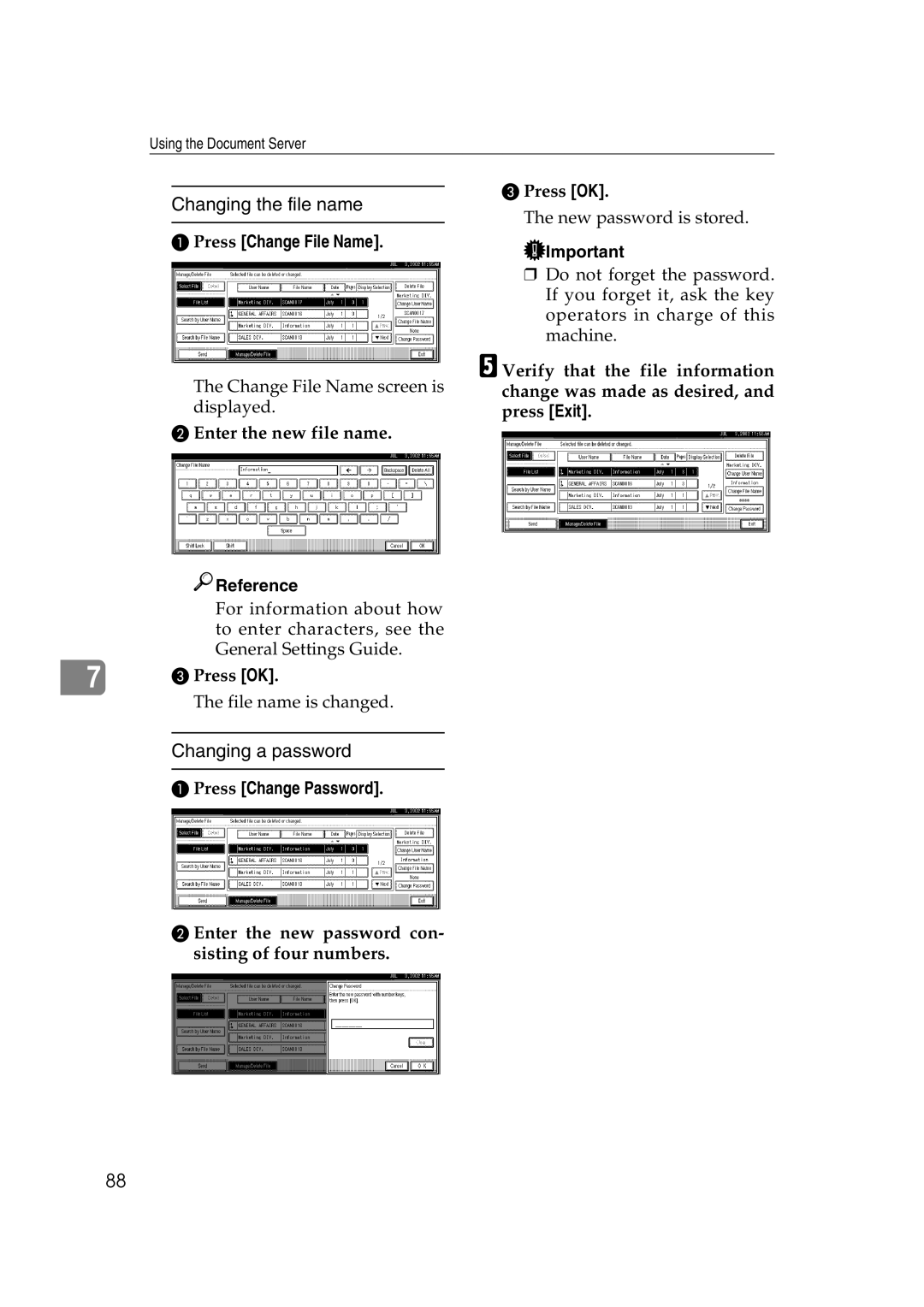 Savin 1075 appendix Changing the file name, Changing a password, Press Change File Name, Press Change Password 