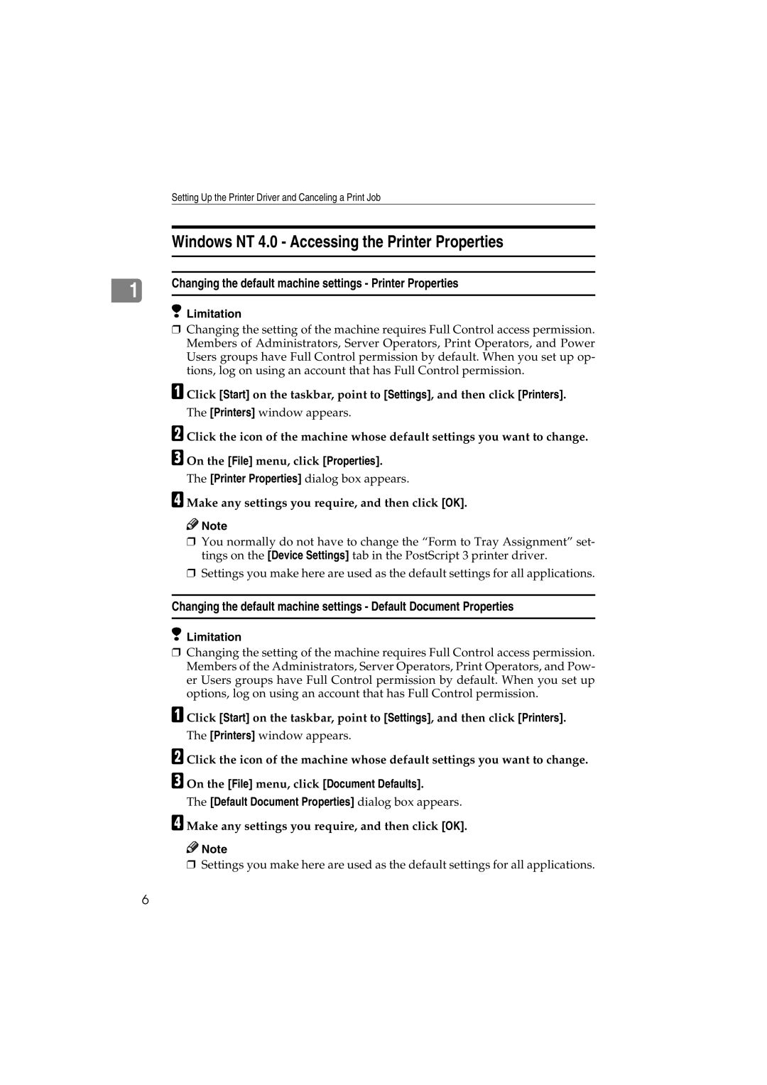 Savin 1232 appendix Windows NT 4.0 Accessing the Printer Properties 