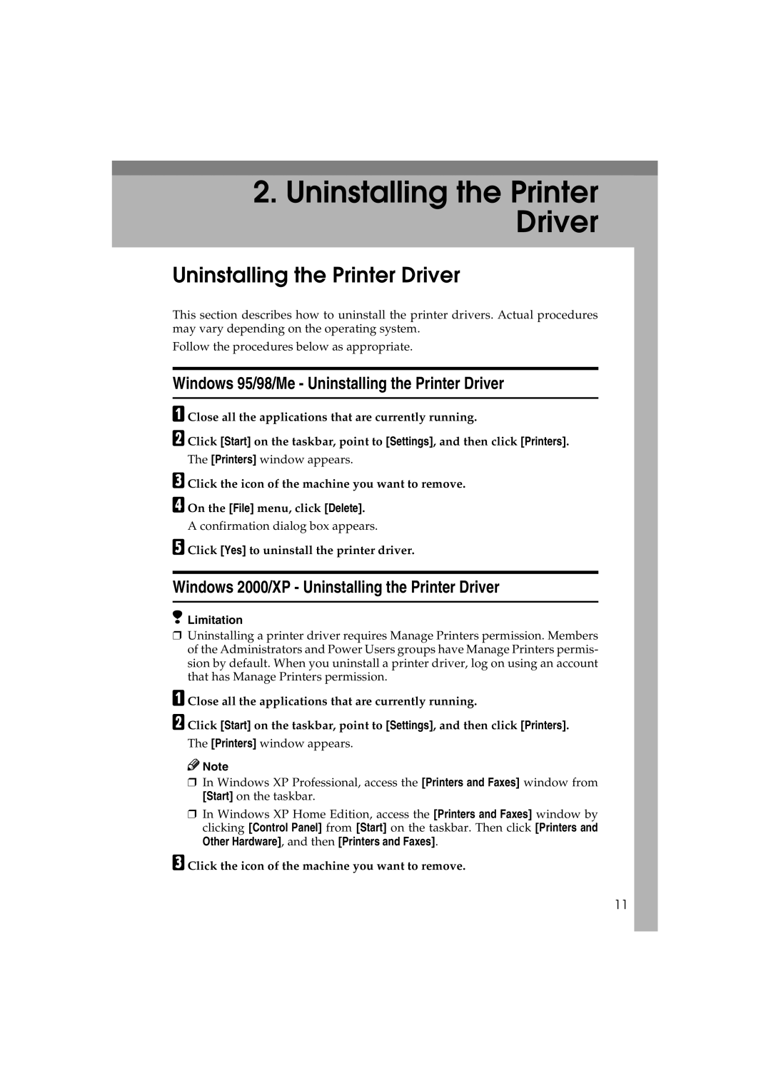 Savin 1232 appendix Windows 95/98/Me Uninstalling the Printer Driver, Windows 2000/XP Uninstalling the Printer Driver 