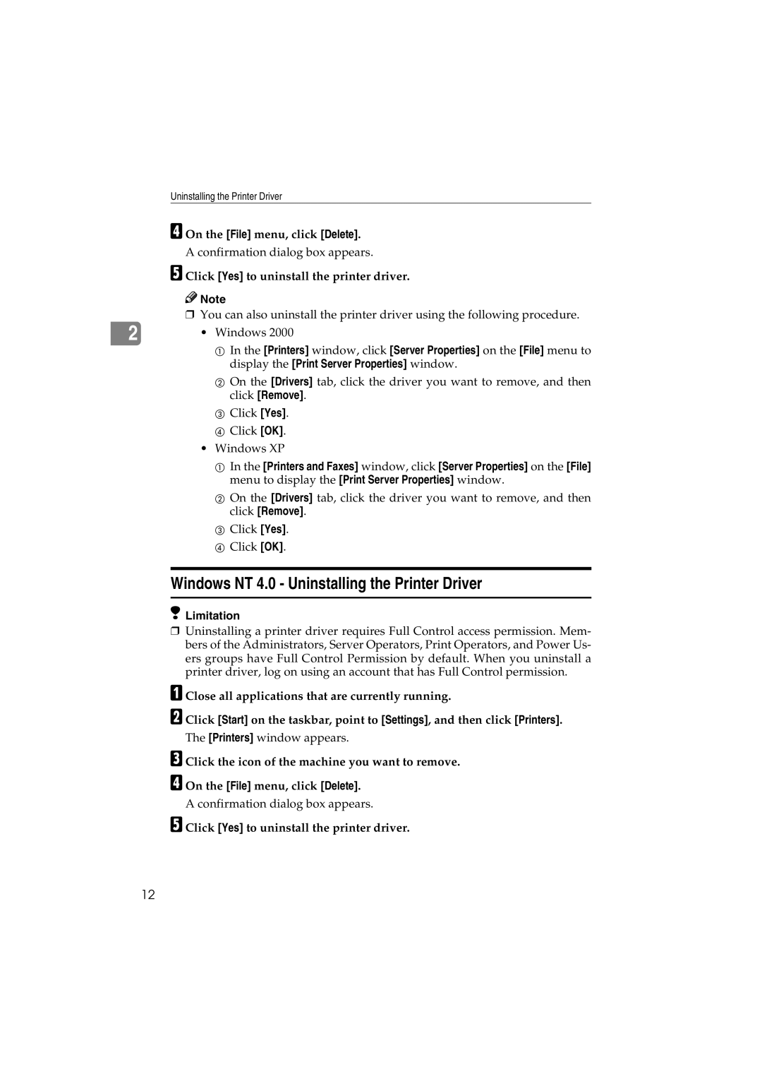 Savin 1232 appendix Windows NT 4.0 Uninstalling the Printer Driver 