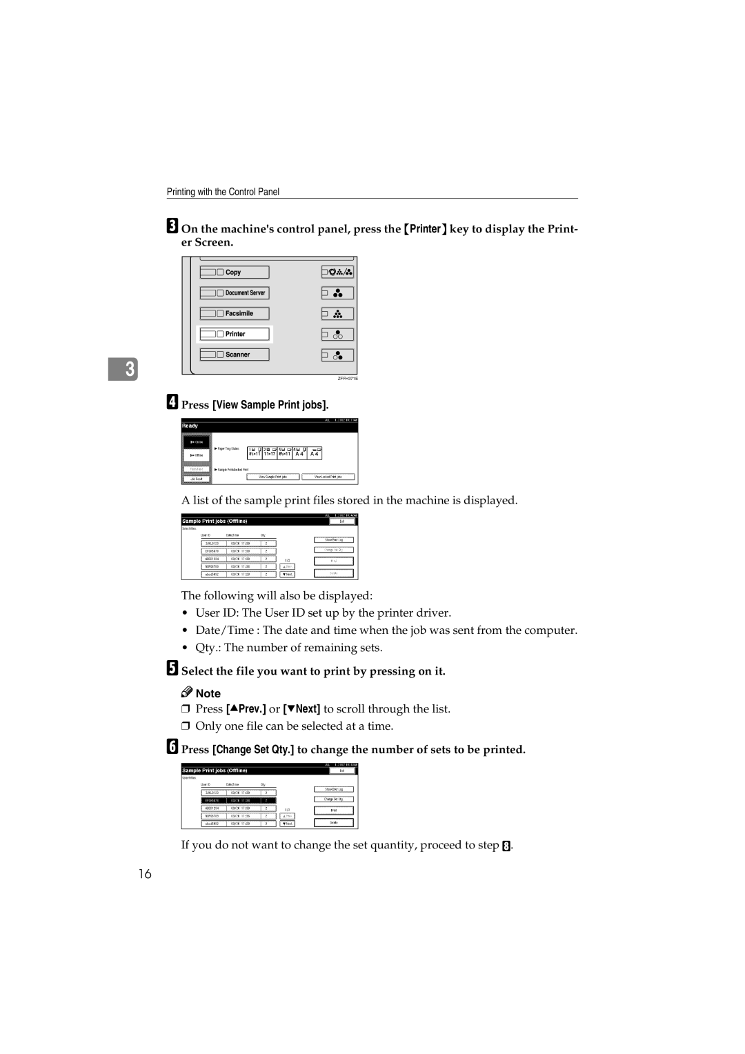 Savin 1232 appendix Press View Sample Print jobs, Select the file you want to print by pressing on it 