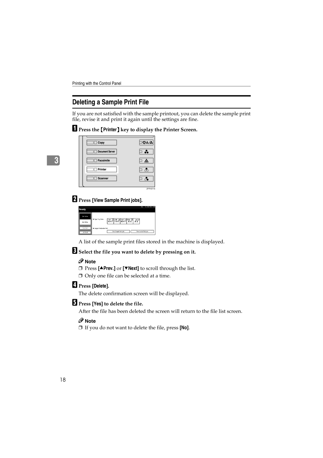 Savin 1232 appendix Deleting a Sample Print File, Press the Printer key to display the Printer Screen, Press Delete 