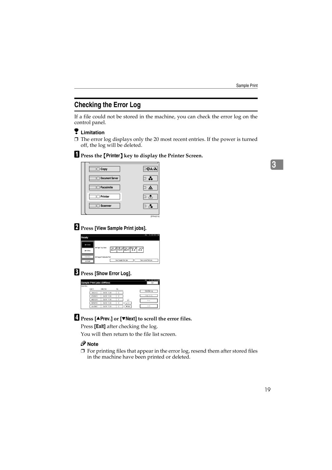 Savin 1232 appendix Checking the Error Log, Press View Sample Print jobs Press Show Error Log 