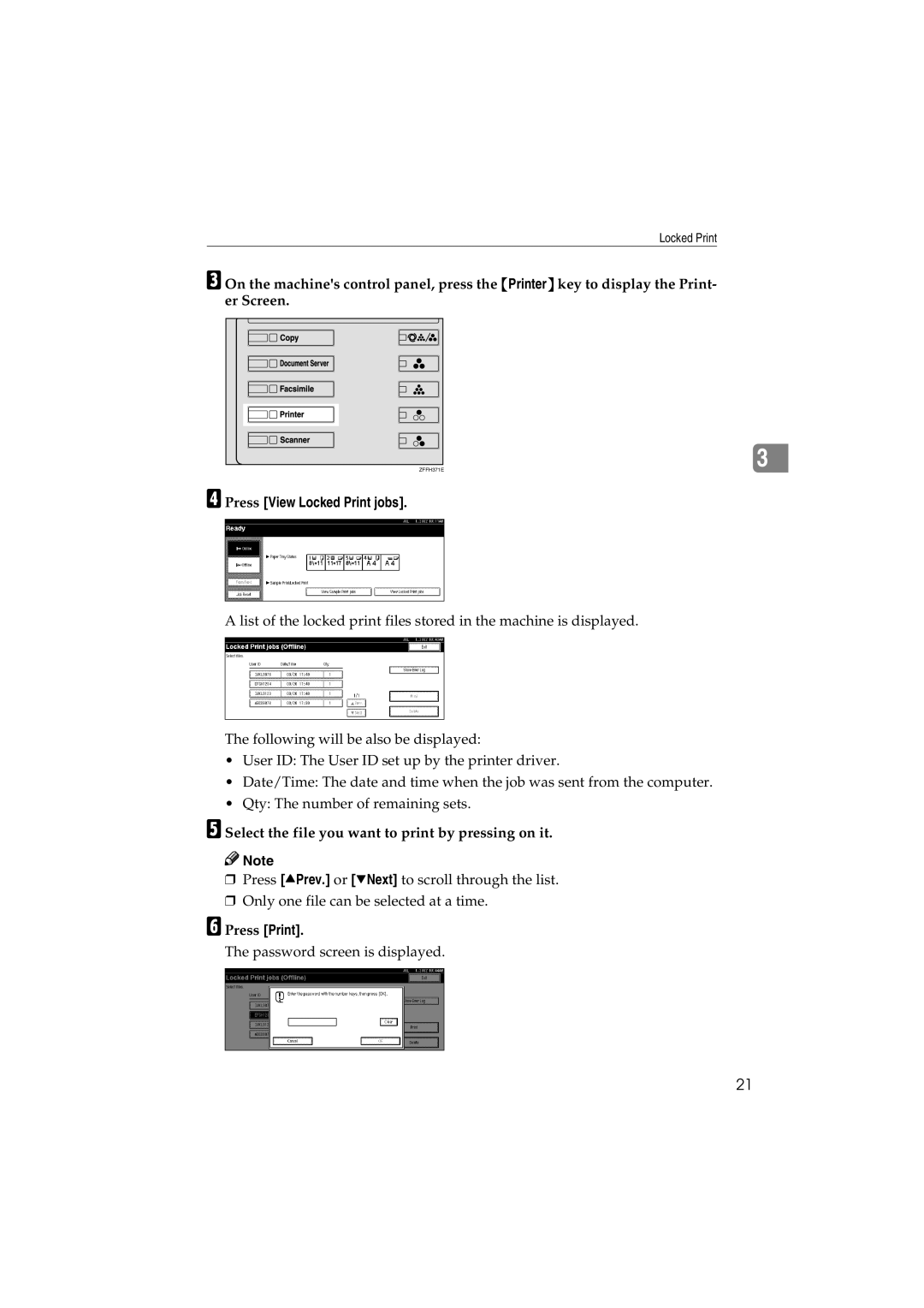 Savin 1232 appendix Press View Locked Print jobs, Select the file you want to print by pressing on it 