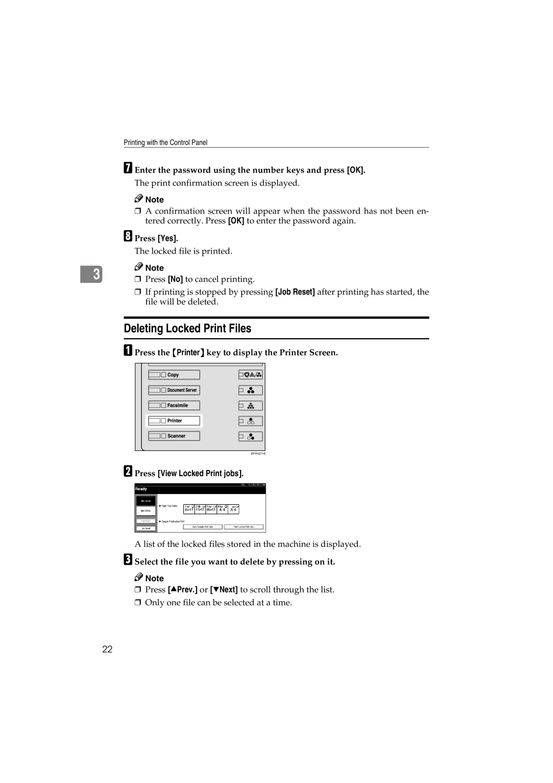 Savin 1232 appendix Deleting Locked Print Files, Enter the password using the number keys and press OK 