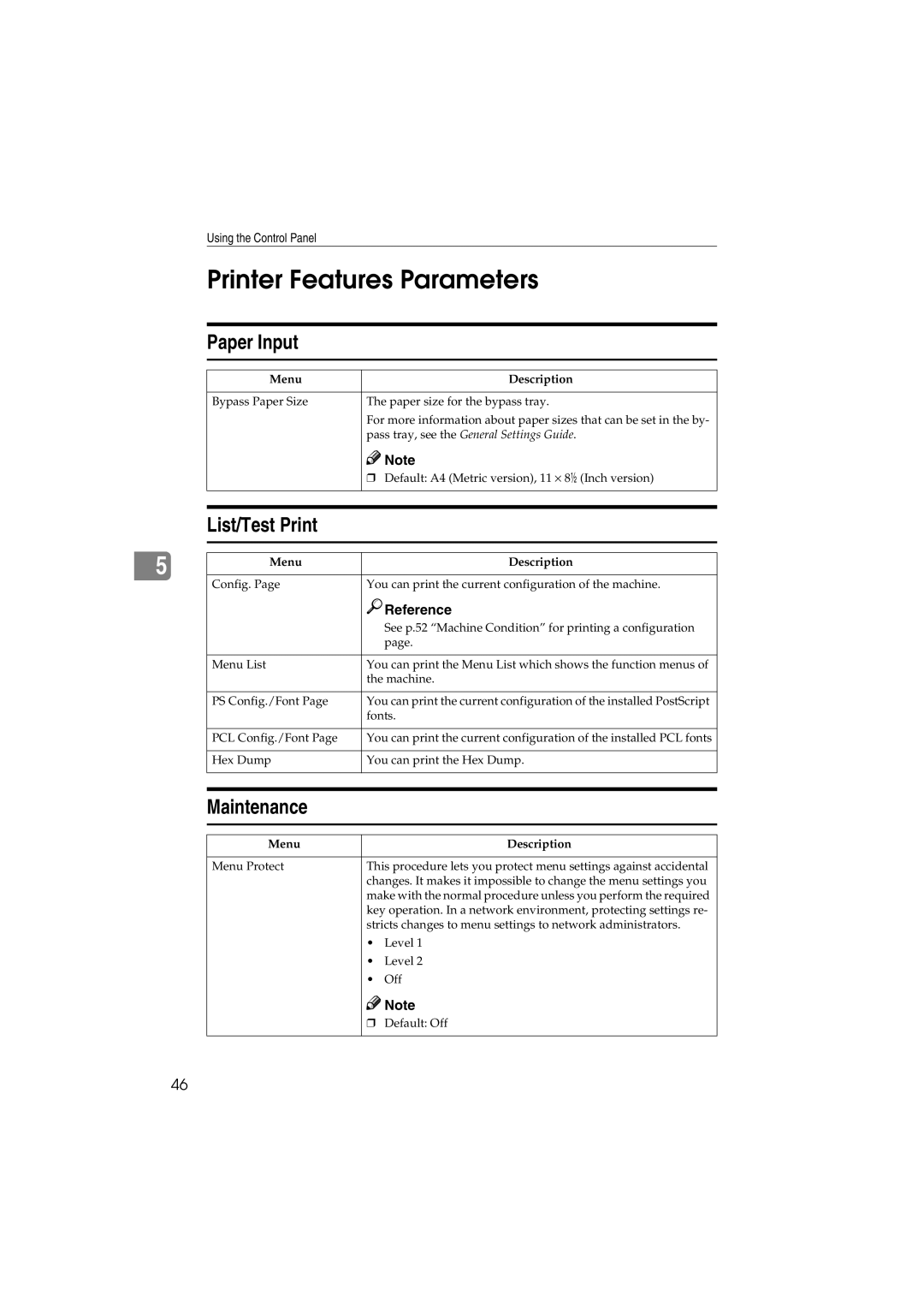 Savin 1232 appendix Printer Features Parameters, Paper Input, List/Test Print, Maintenance, Menu Description 