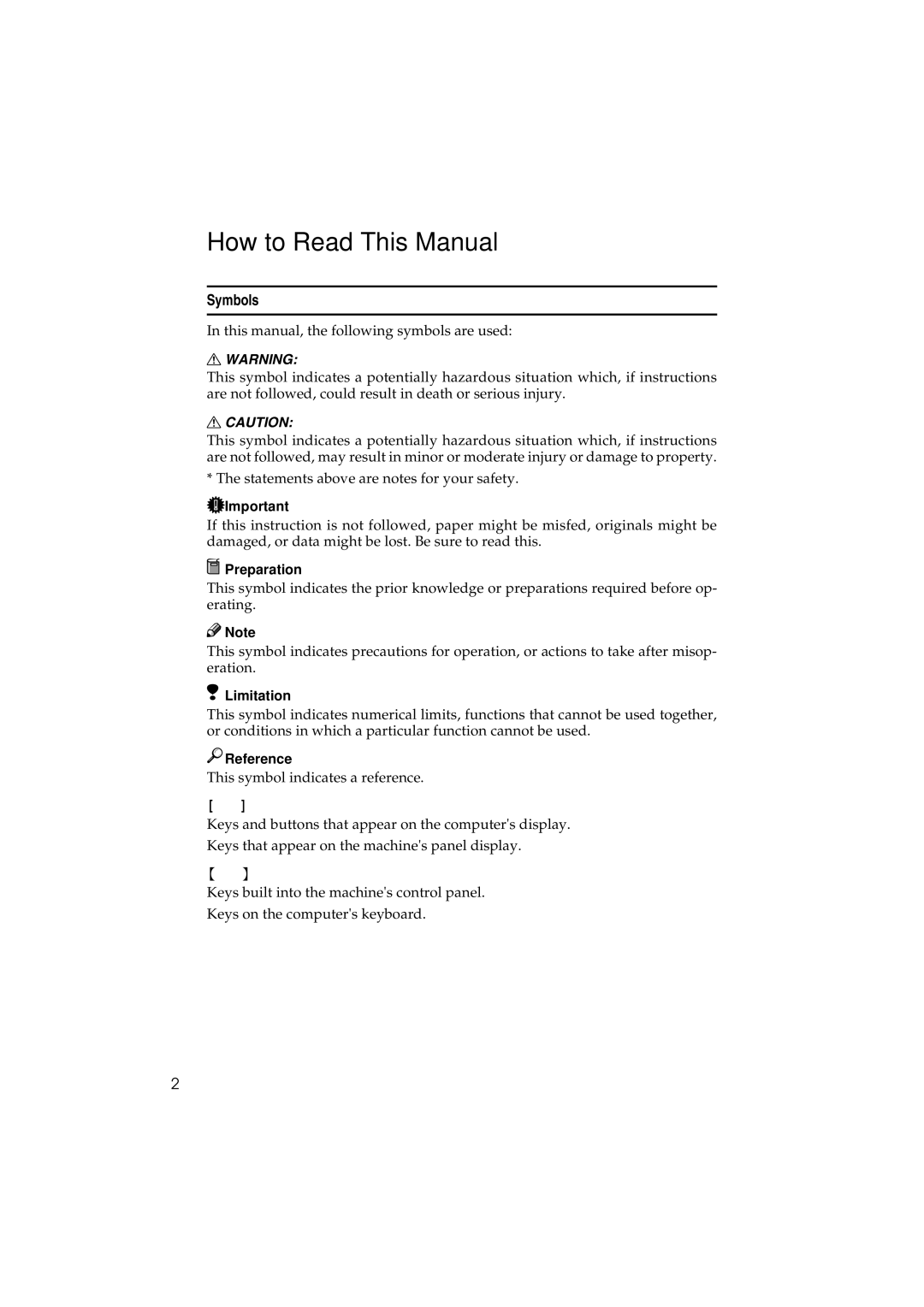 Savin 1232 appendix How to Read This Manual, Symbols, Preparation, Limitation, Reference 