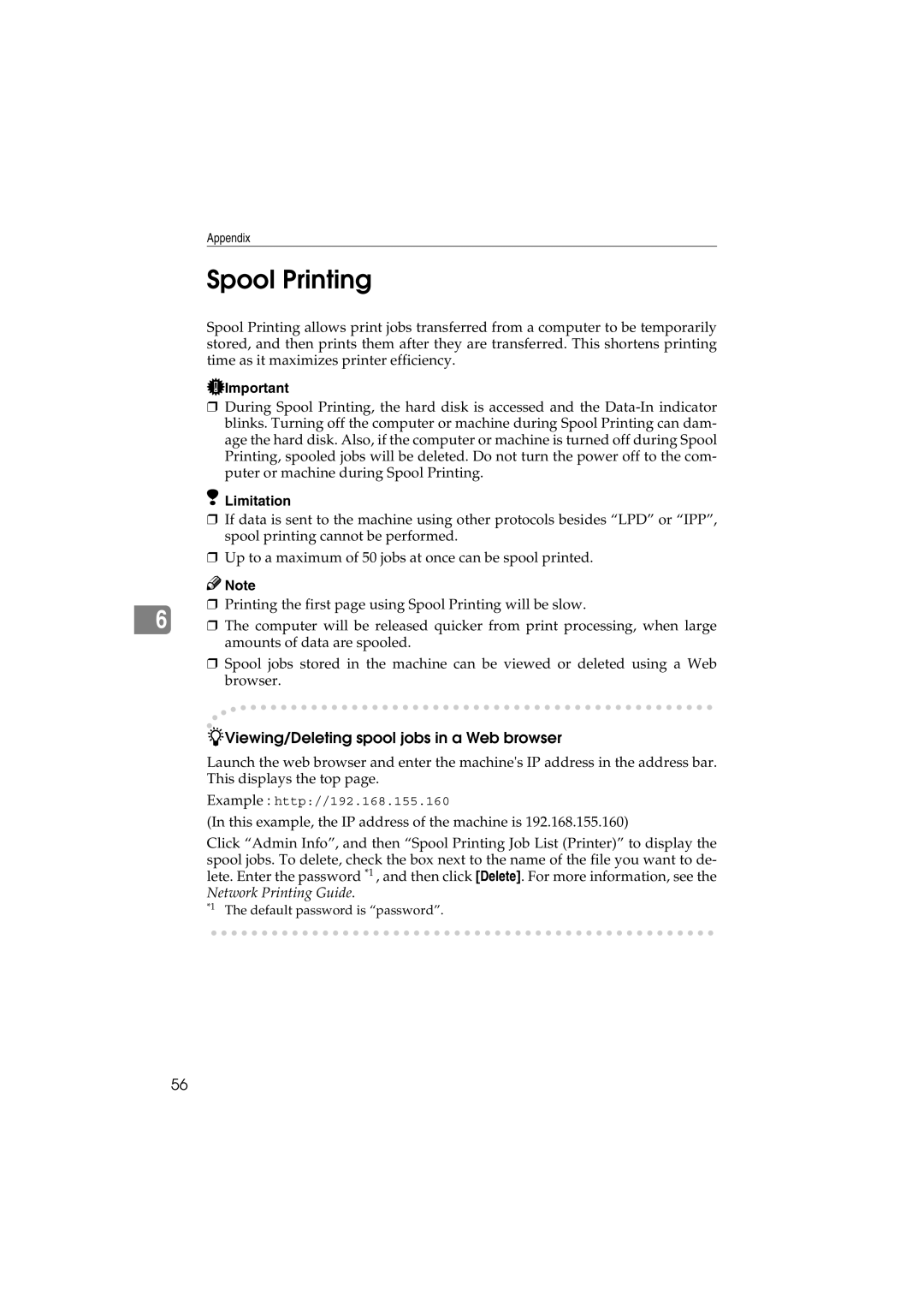 Savin 1232 appendix Spool Printing, Viewing/Deleting spool jobs in a Web browser 