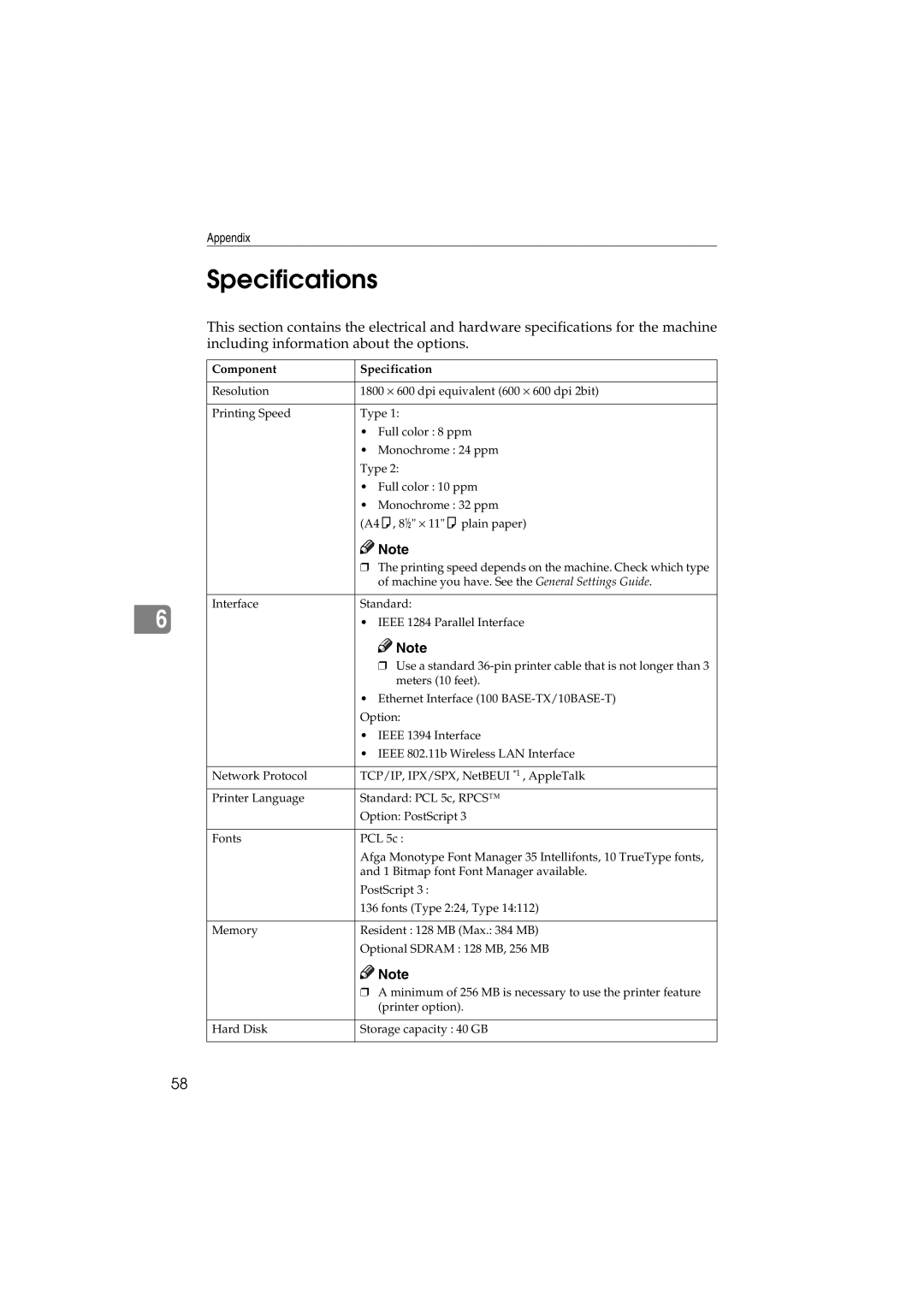 Savin 1232 appendix Specifications, Component Specification 