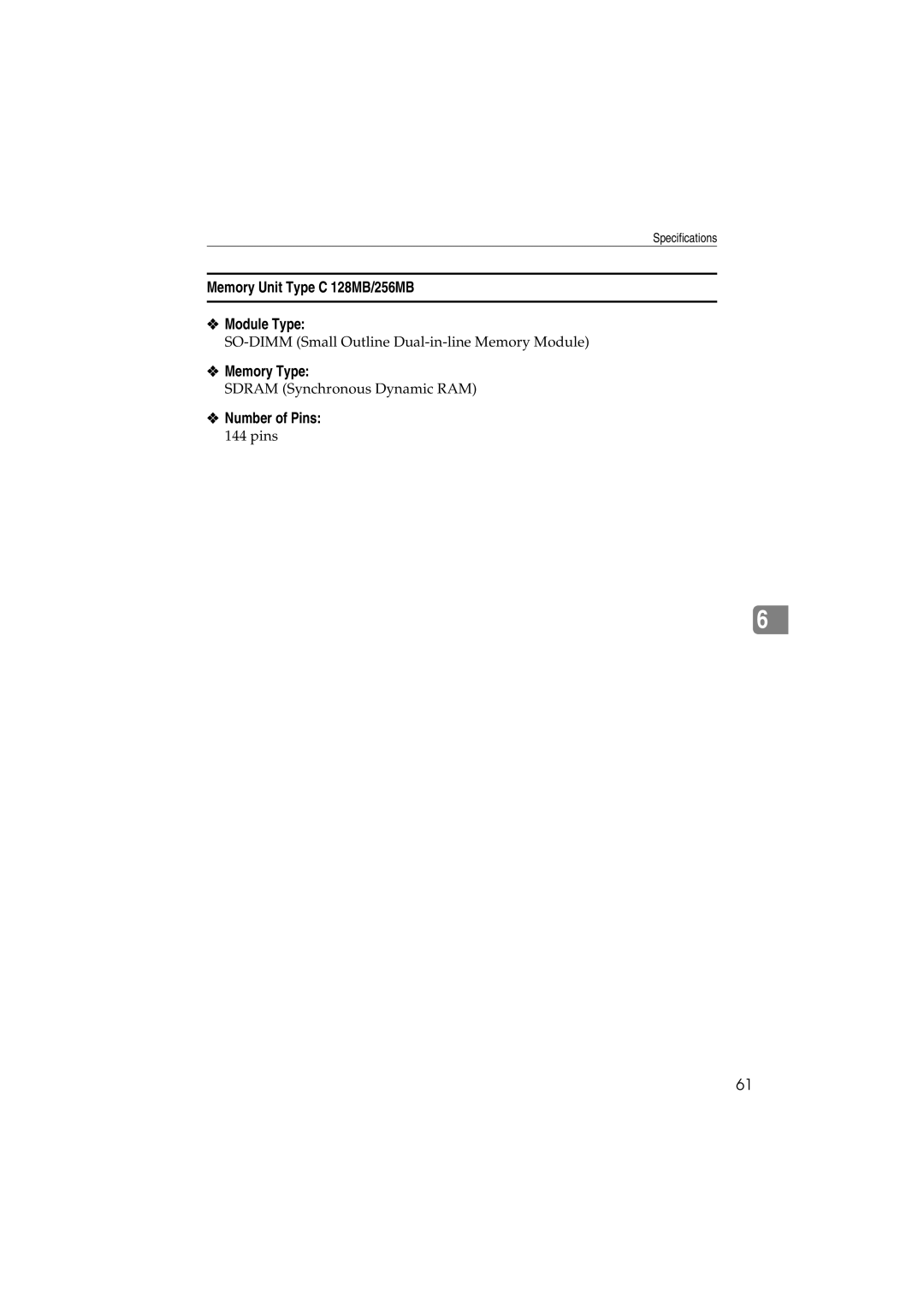 Savin 1232 appendix Memory Unit Type C 128MB/256MB Module Type, Memory Type, Number of Pins 