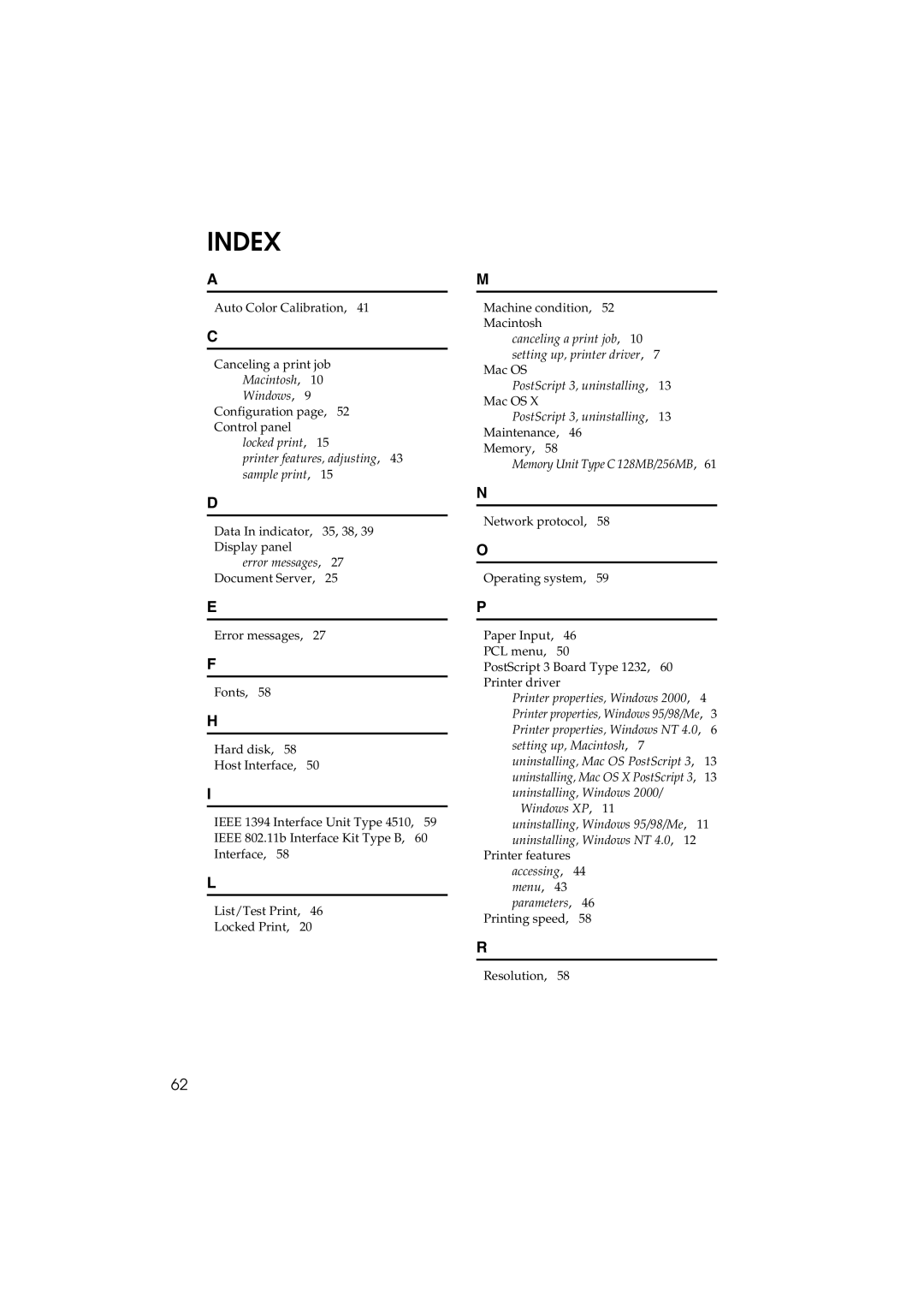 Savin 1232 appendix Index 