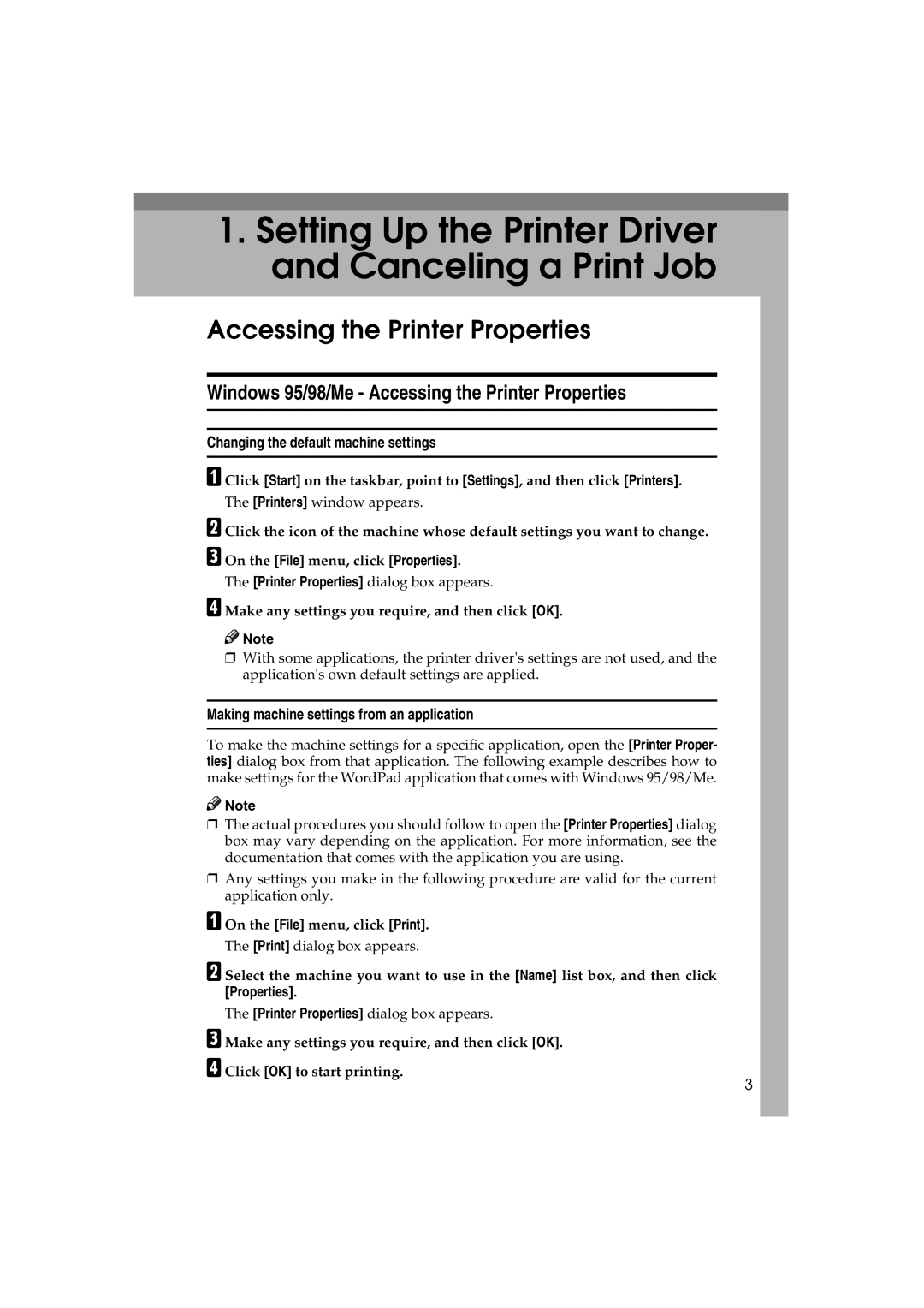 Savin 1232 appendix Windows 95/98/Me Accessing the Printer Properties, Changing the default machine settings 