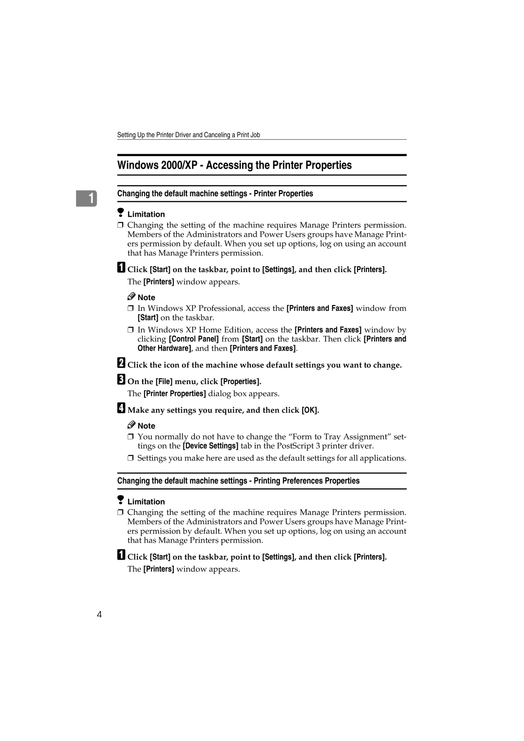 Savin 1232 appendix Windows 2000/XP Accessing the Printer Properties 