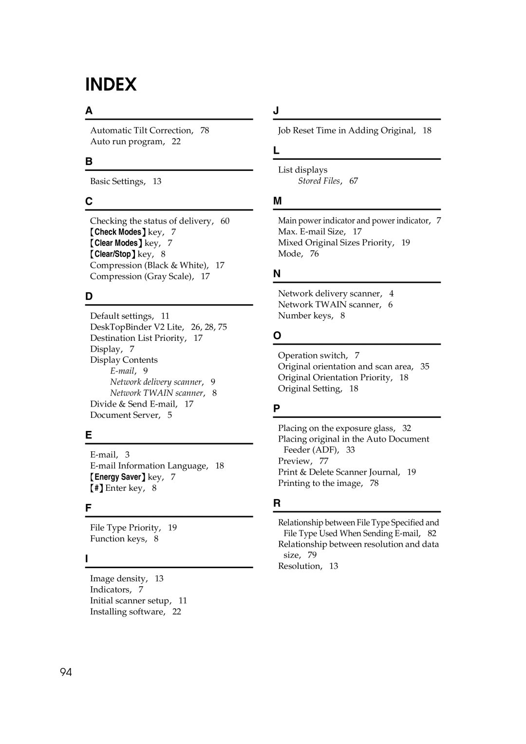 Savin 2045 appendix Index 