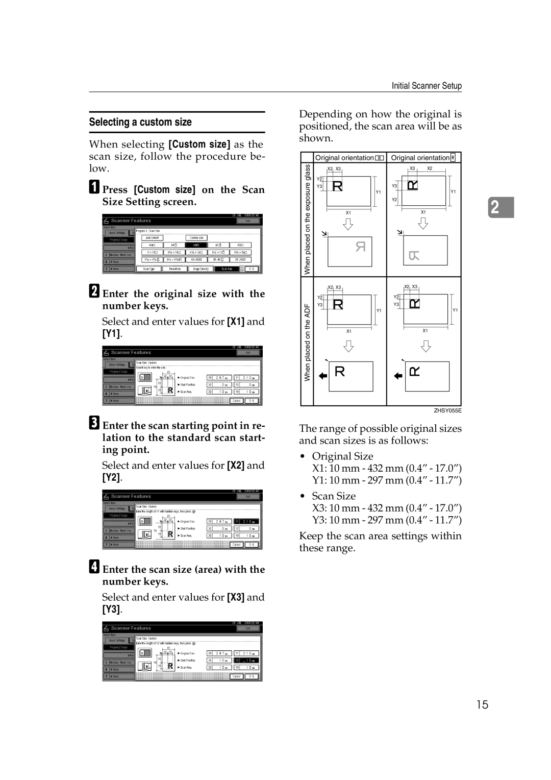 Savin 2045 appendix Selecting a custom size, Enter the scan size area with the number keys 