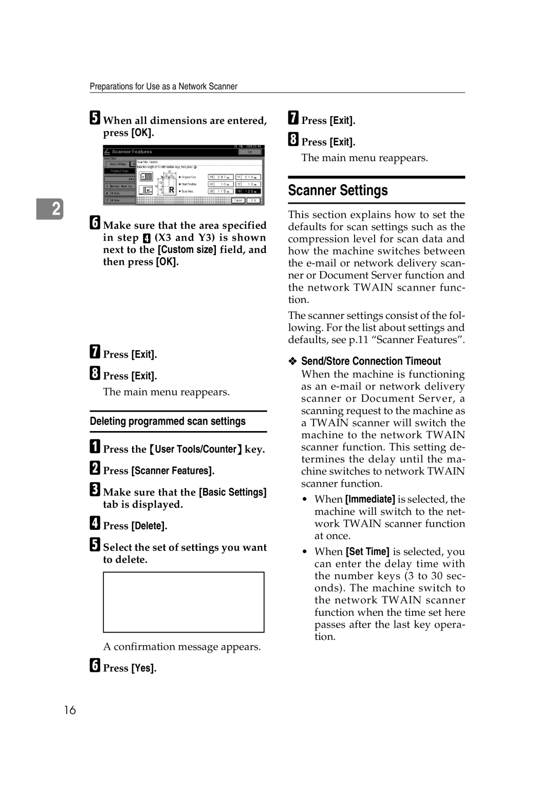 Savin 2045 appendix Scanner Settings, Deleting programmed scan settings, Send/Store Connection Timeout, Press Delete 