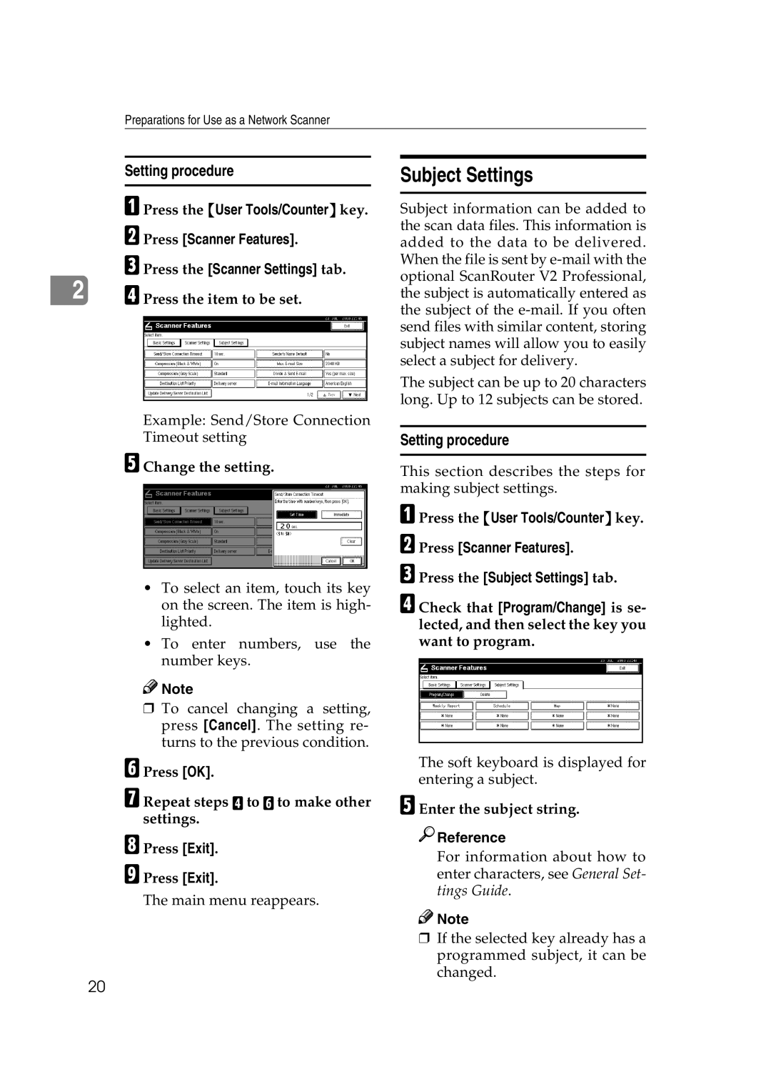 Savin 2045 appendix Subject Settings, Press the item to be set, Change the setting, Enter the subject string 