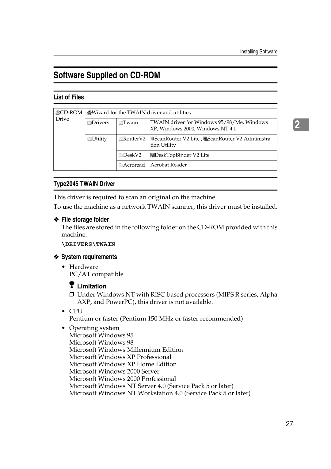 Savin Software Supplied on CD-ROM, List of Files, Type2045 Twain Driver, File storage folder, System requirements 