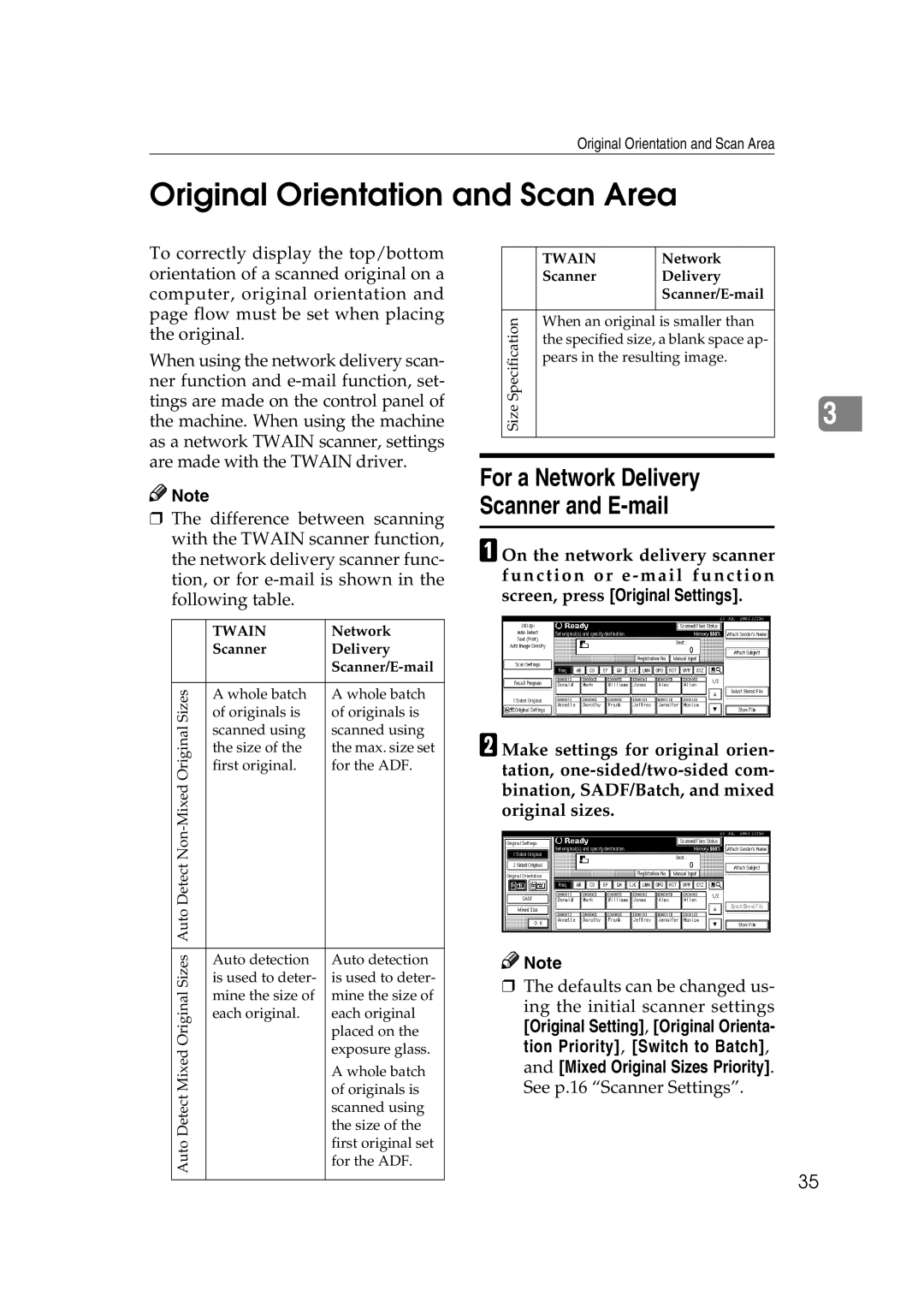 Savin 2045 appendix Original Orientation and Scan Area, For a Network Delivery Scanner and E-mail 