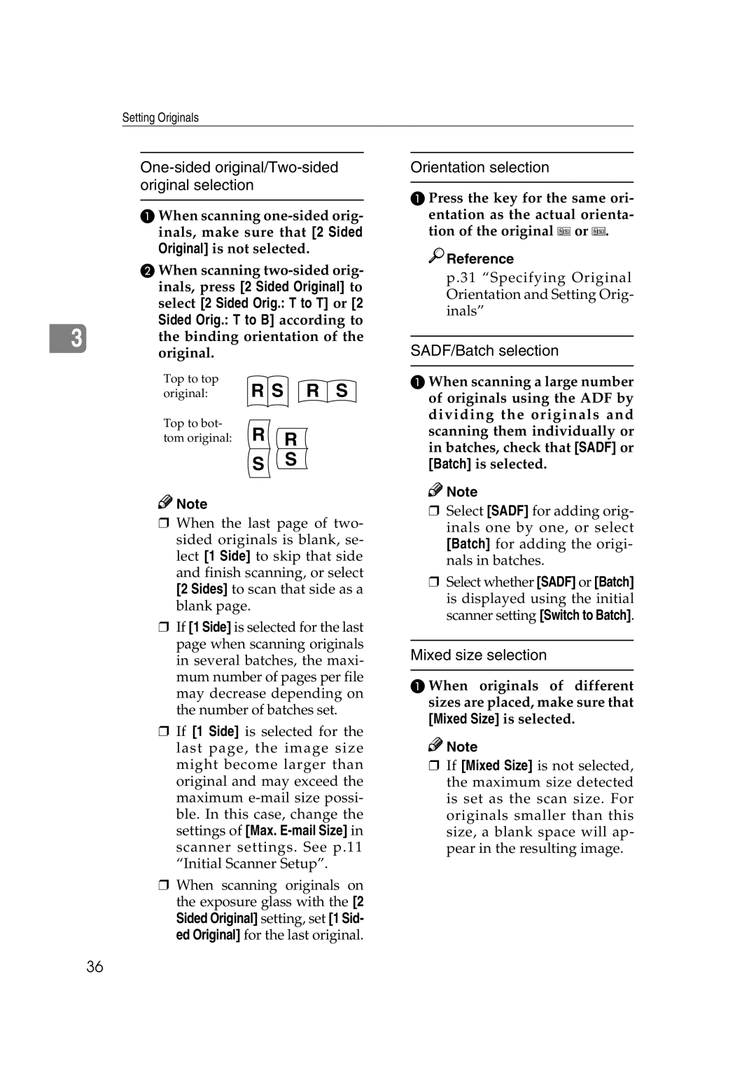 Savin 2045 appendix One-sided original/Two-sided original selection, Orientation selection, SADF/Batch selection 