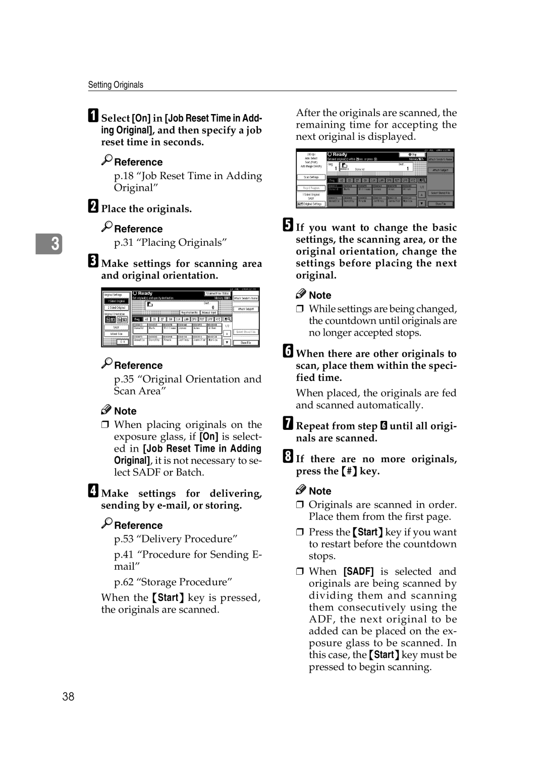 Savin 2045 appendix Place the originals, Make settings for scanning area and original orientation 