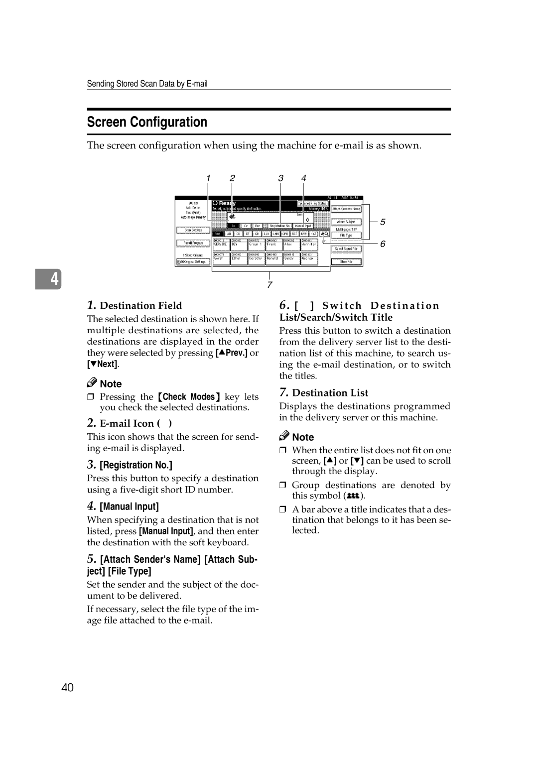 Savin 2045 appendix Screen Configuration, Registration No, Manual Input, Attach Senders Name Attach Sub- ject File Type 