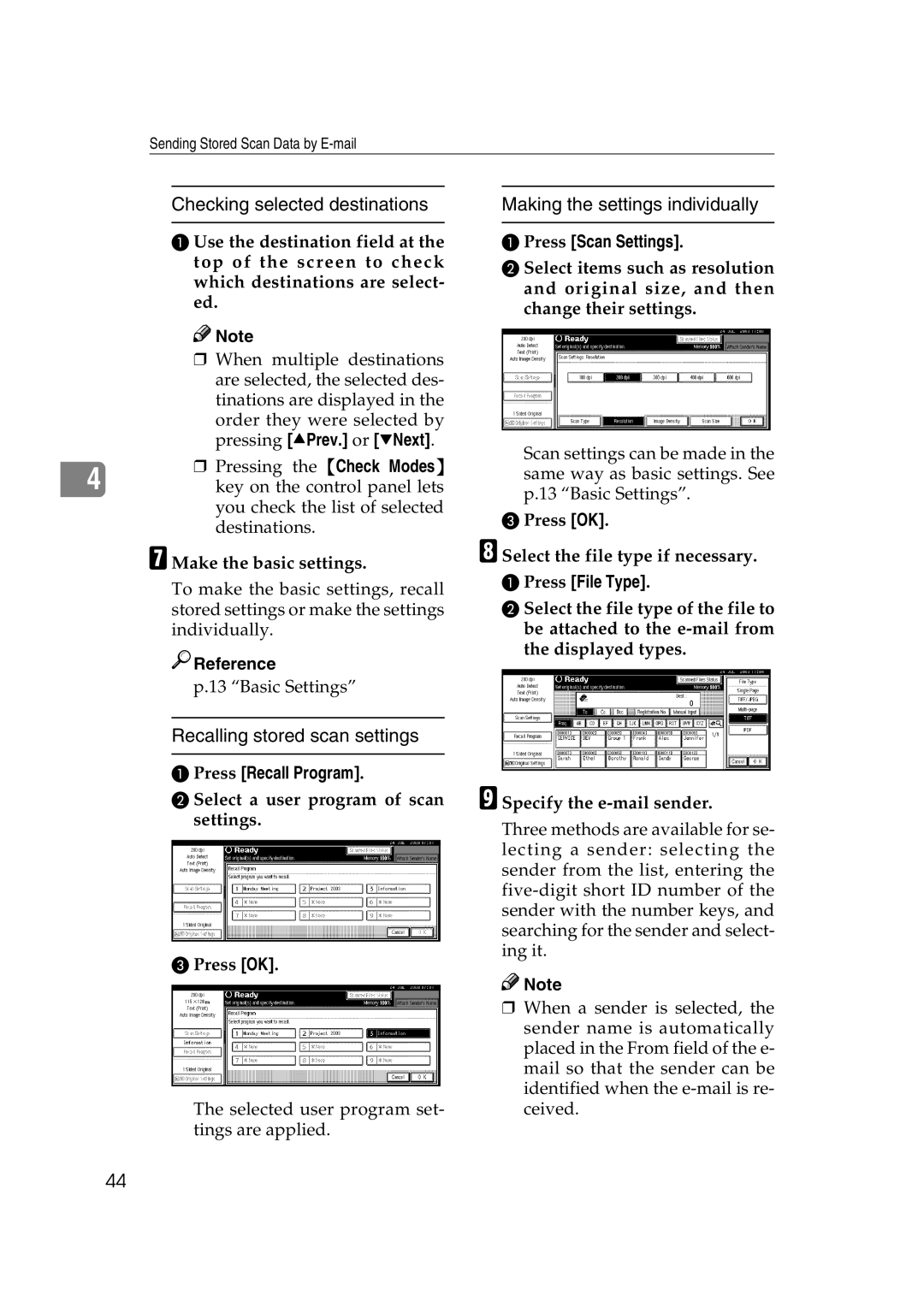 Savin 2045 appendix Checking selected destinations, Recalling stored scan settings, Making the settings individually 