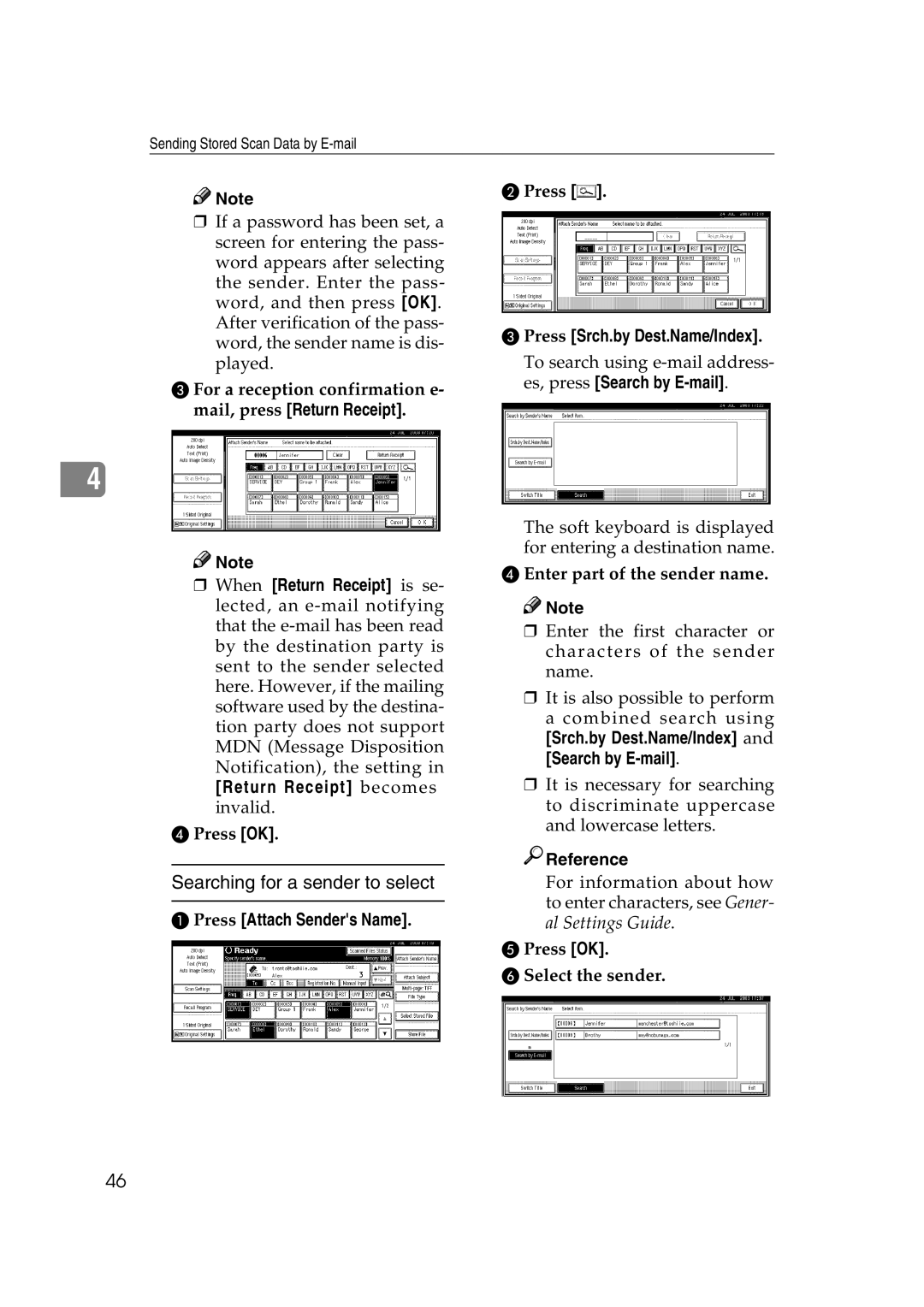 Savin 2045 appendix Searching for a sender to select, Enter part of the sender name, Press OK Select the sender 