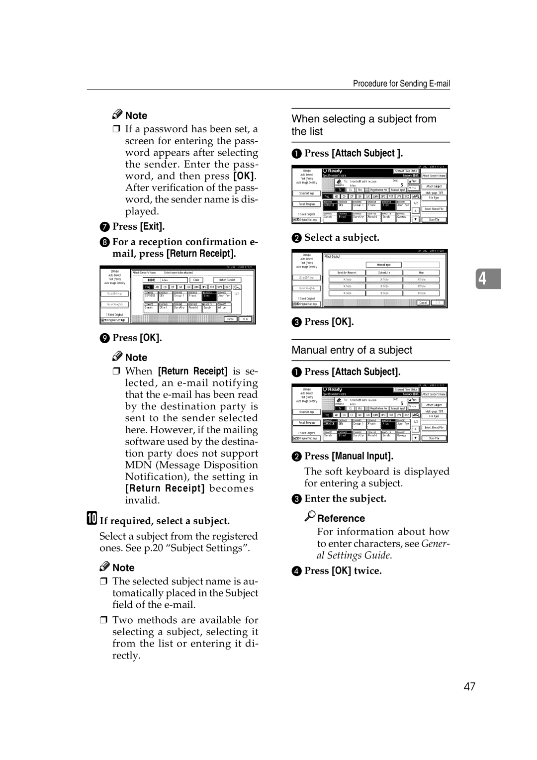 Savin 2045 appendix When selecting a subject from the list, Manual entry of a subject, Press Attach Subject 