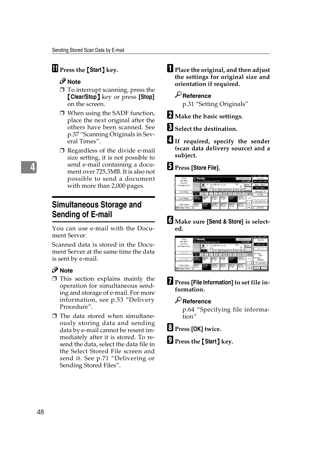 Savin 2045 appendix Simultaneous Storage Sending of E-mail, Press the Start key, Press Store File 