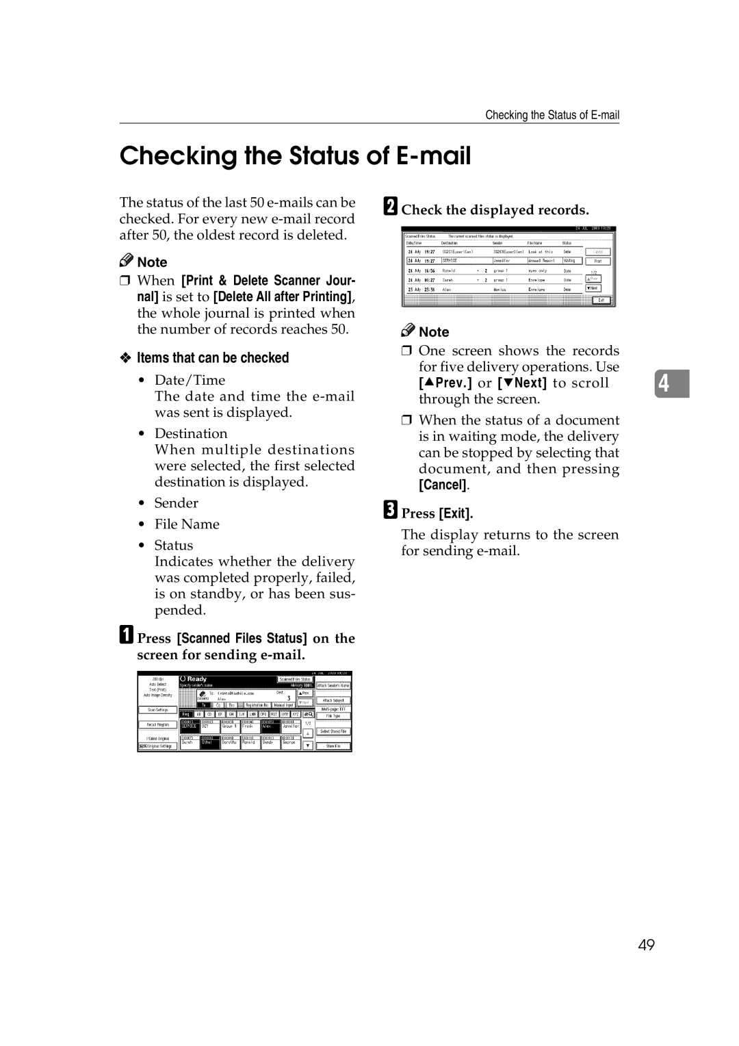 Savin 2045 appendix Checking the Status of E-mail, Items that can be checked, Cancel 