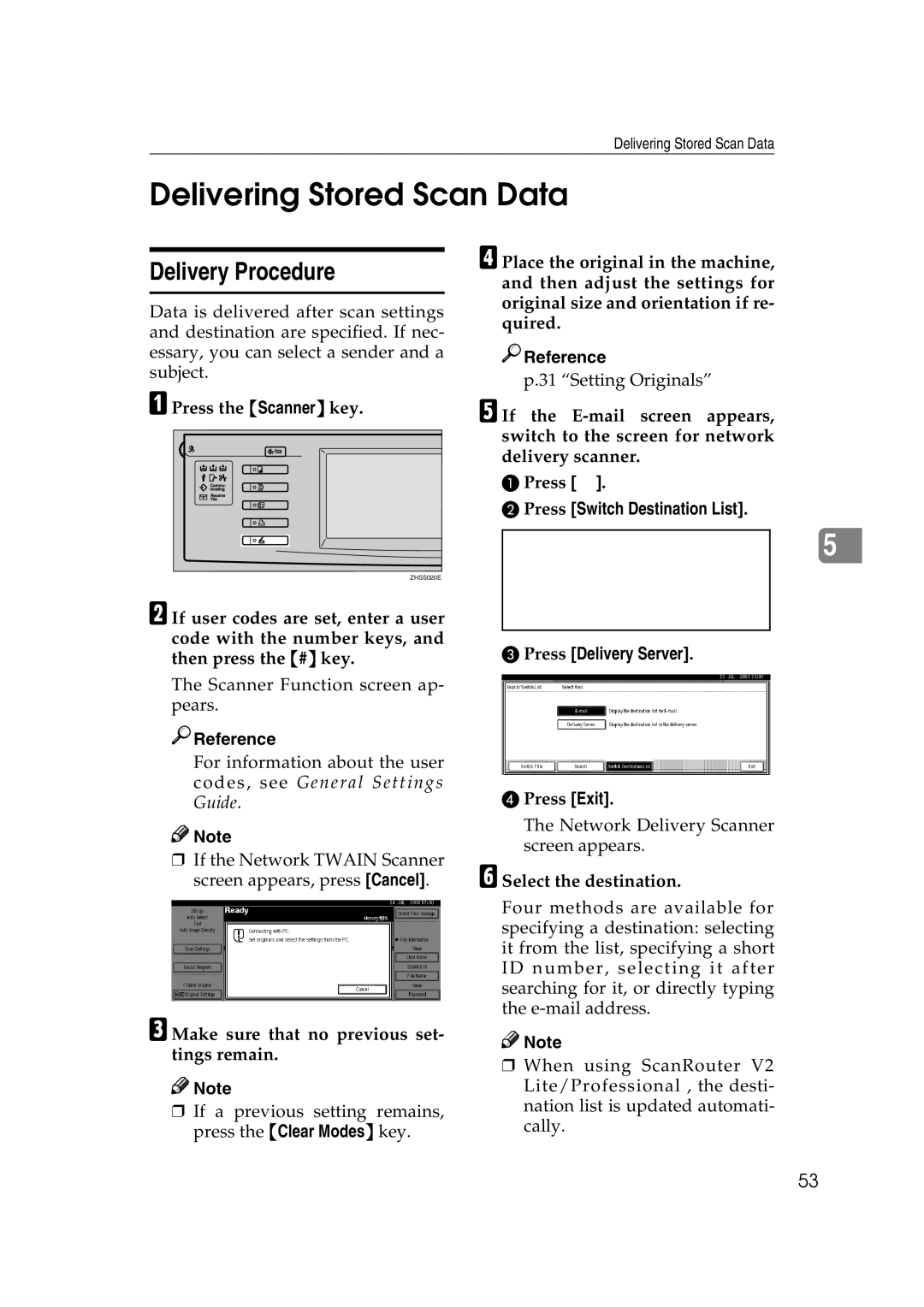 Savin 2045 appendix Delivering Stored Scan Data, Delivery Procedure, Press Switch Destination List Press Delivery Server 