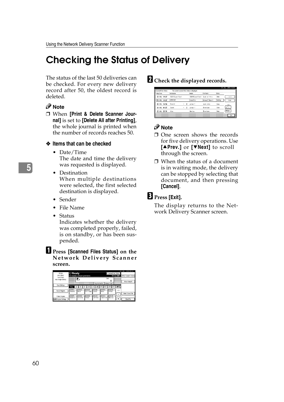 Savin 2045 appendix Checking the Status of Delivery, Network Delivery Scanner, Screen 