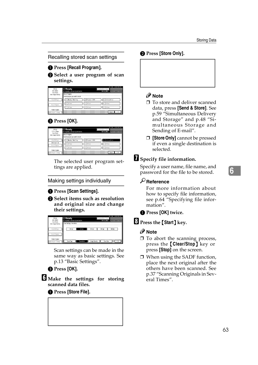 Savin 2045 Making settings individually, Press Store Only, Press OK Make the settings for storing scanned data files 