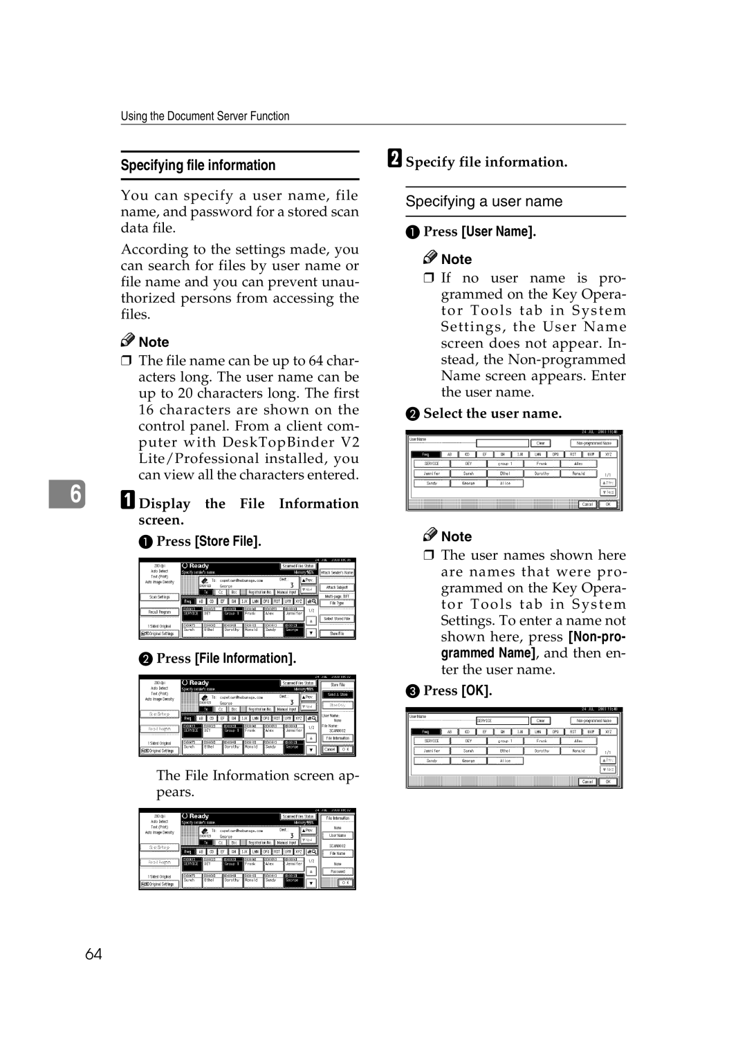 Savin 2045 Specifying file information, Specifying a user name, Press Store File Press File Information, Press User Name 