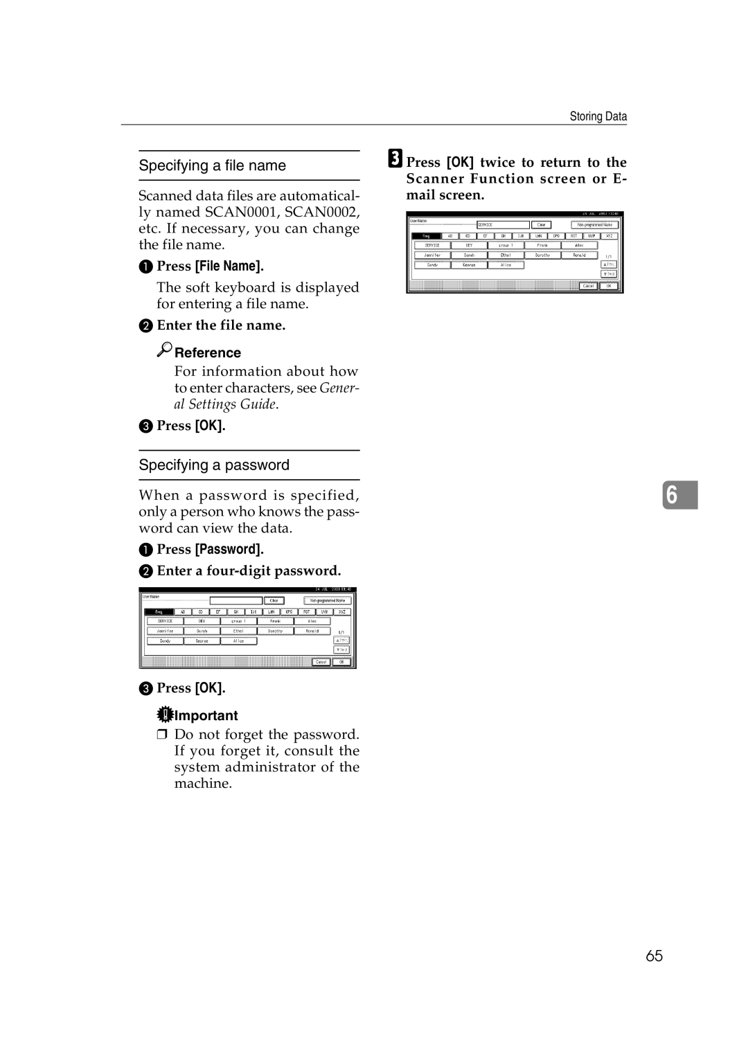 Savin 2045 appendix Specifying a file name, Specifying a password, Press File Name, Press Password 