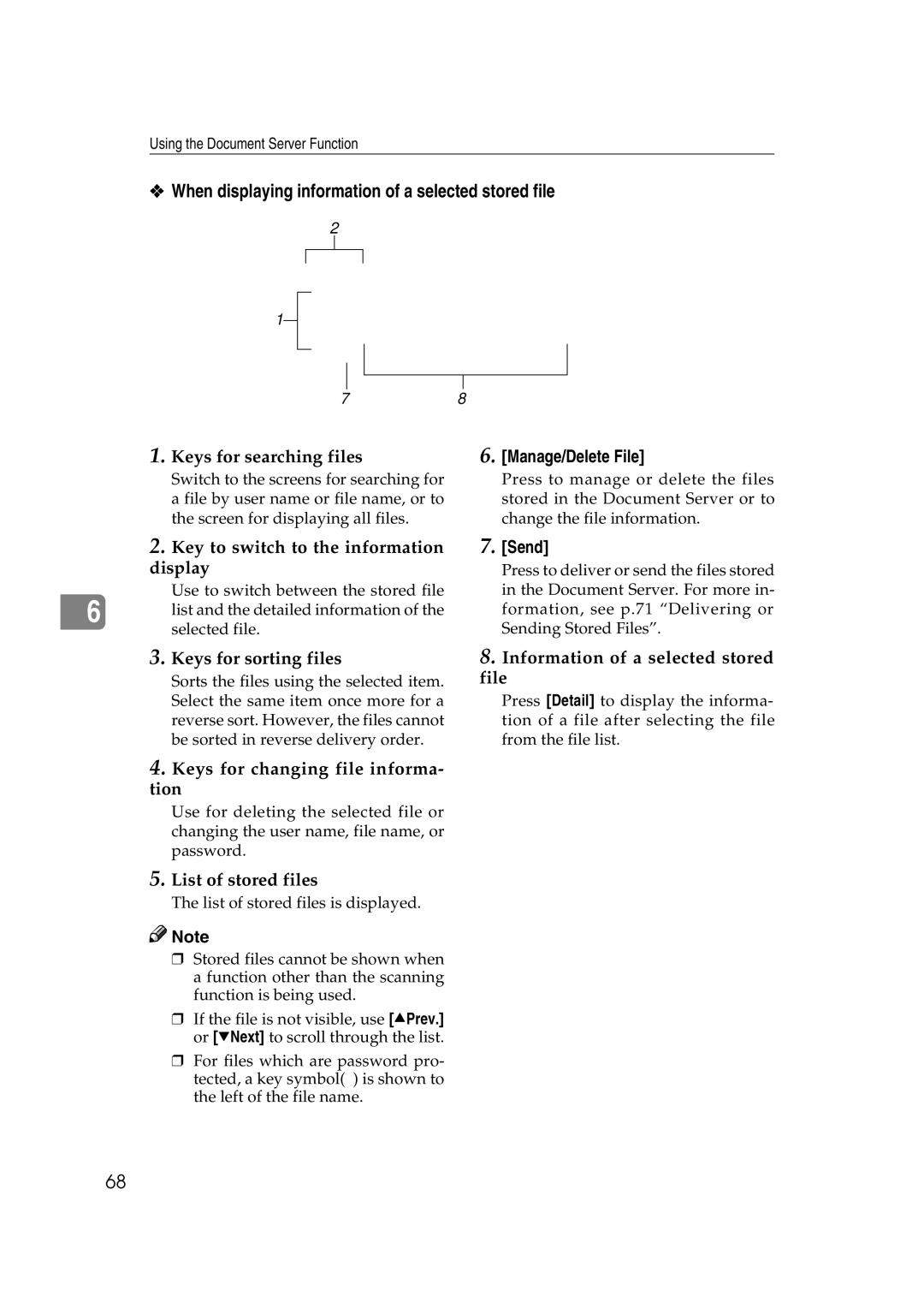 Savin 2045 appendix When displaying information of a selected stored file, Send 