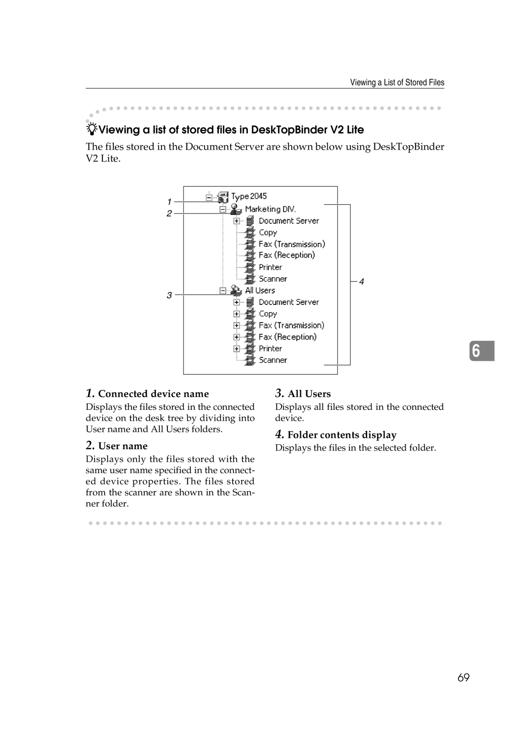 Savin 2045 appendix Connected device name, User name, All Users, Folder contents display 