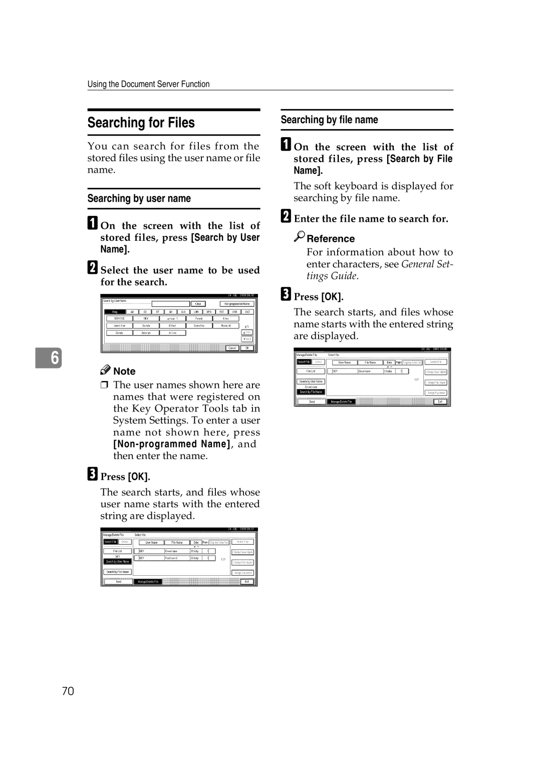 Savin 2045 appendix Searching for Files, Searching by user name, Searching by file name, Enter the file name to search for 