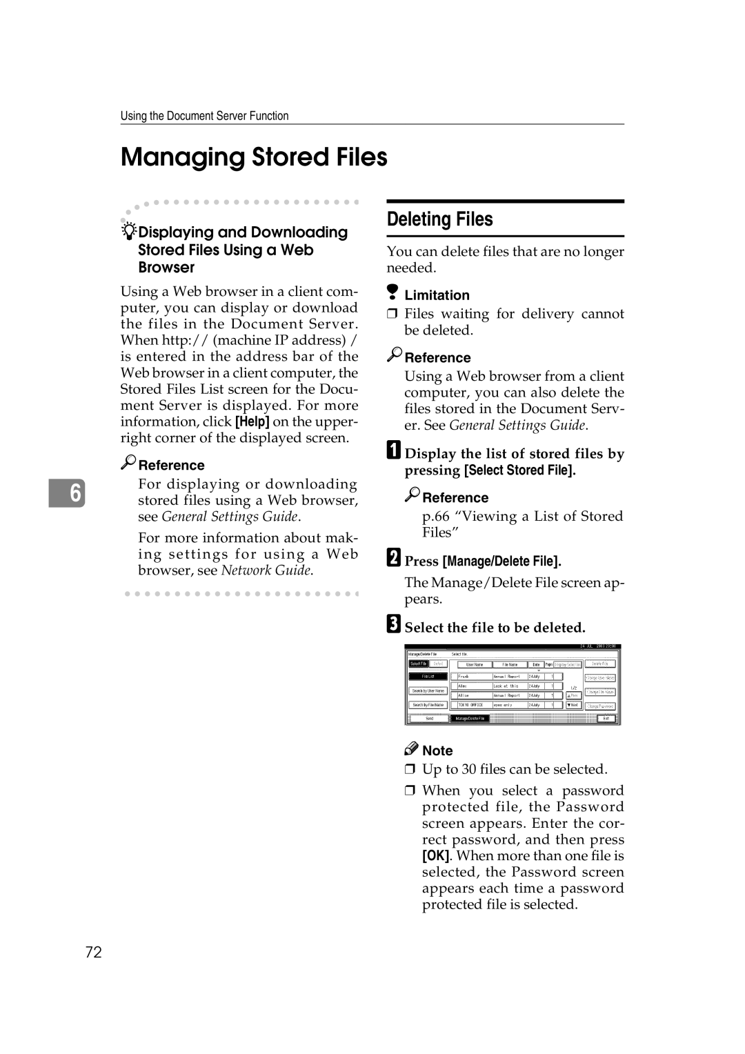 Savin 2045 appendix Managing Stored Files, Deleting Files, Select the file to be deleted 