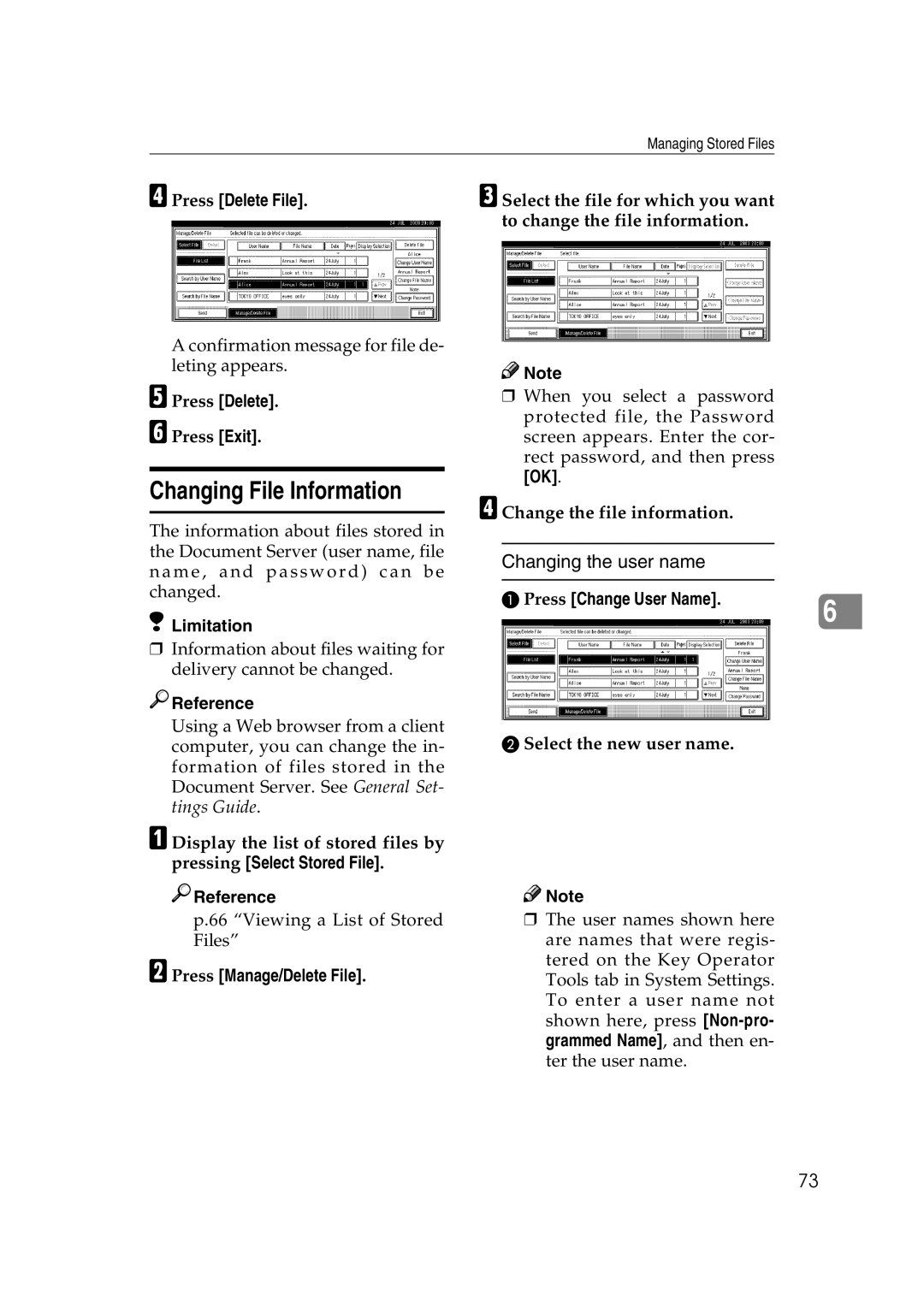 Savin 2045 appendix Changing File Information, Changing the user name, Press Delete File, Press Change User Name 