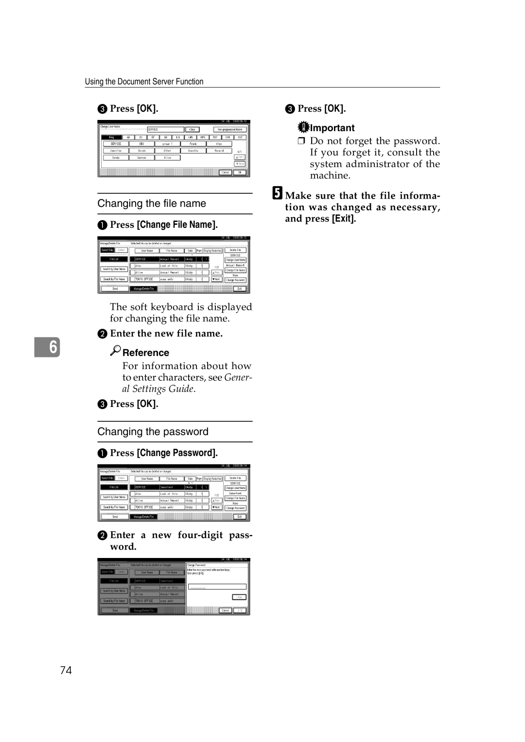 Savin 2045 appendix Changing the file name, Changing the password, Press Change File Name, Press Change Password 