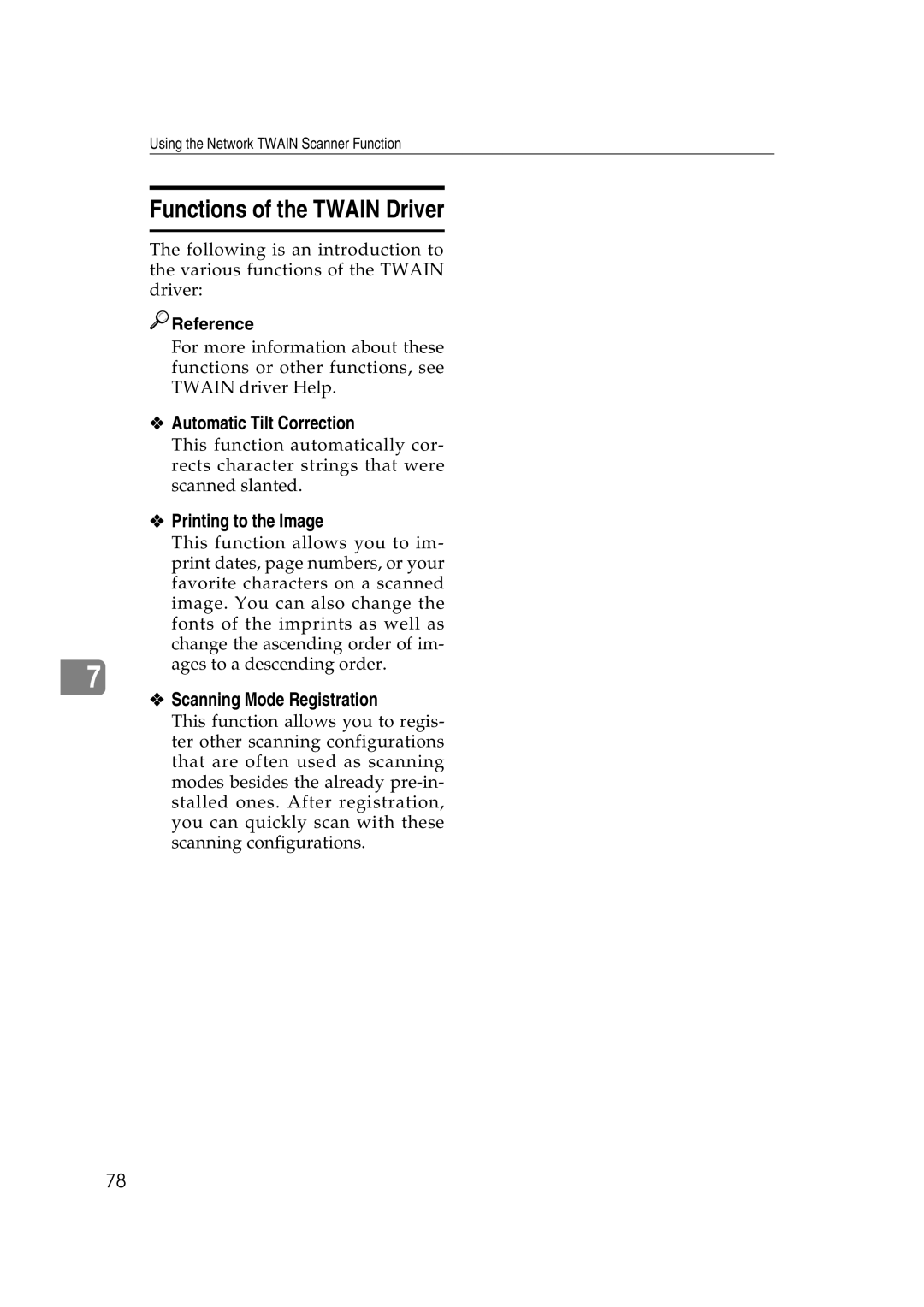 Savin 2045 Functions of the Twain Driver, Automatic Tilt Correction, Printing to the Image, Scanning Mode Registration 