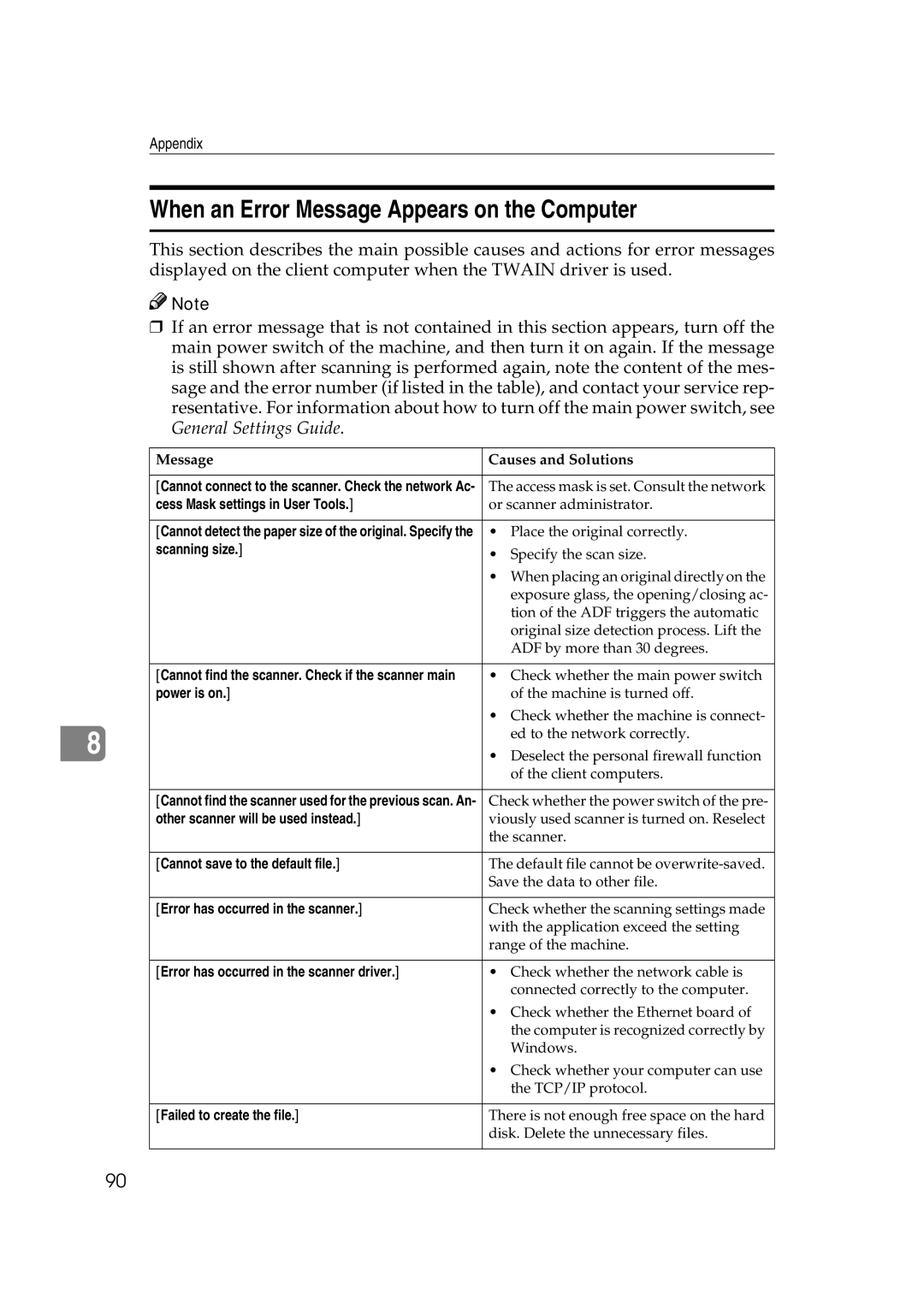 Savin 2045 appendix When an Error Message Appears on the Computer, Cess Mask settings in User Tools 