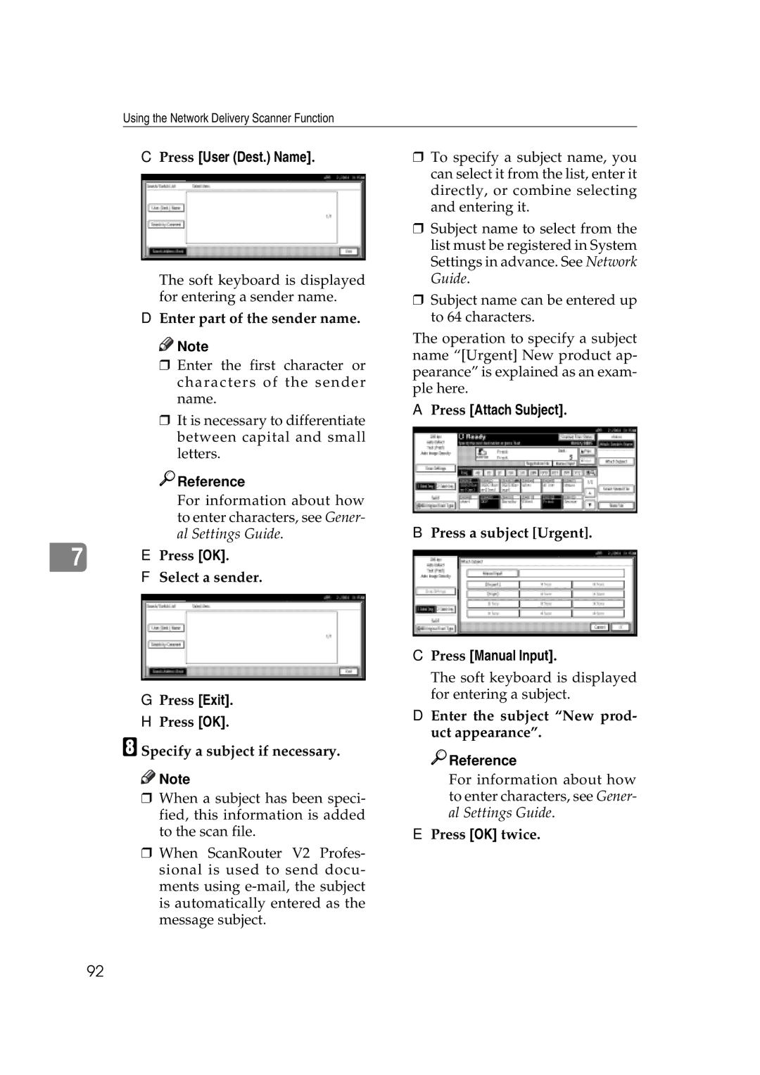 Savin 2045e appendix Select a sender, Press Exit Press OK Specify a subject if necessary, Press a subject Urgent 