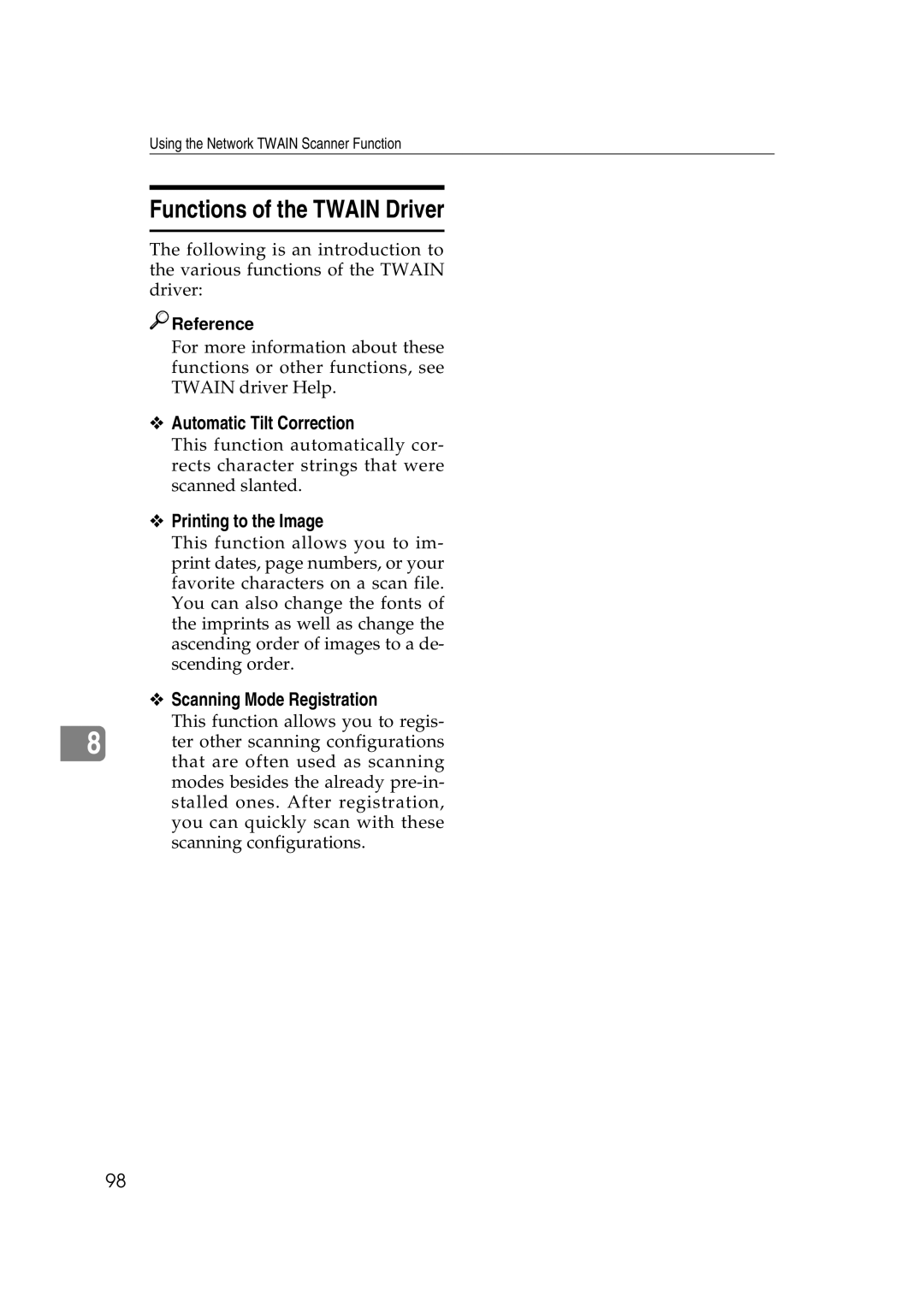 Savin 2045e Functions of the Twain Driver, Automatic Tilt Correction, Printing to the Image, Scanning Mode Registration 