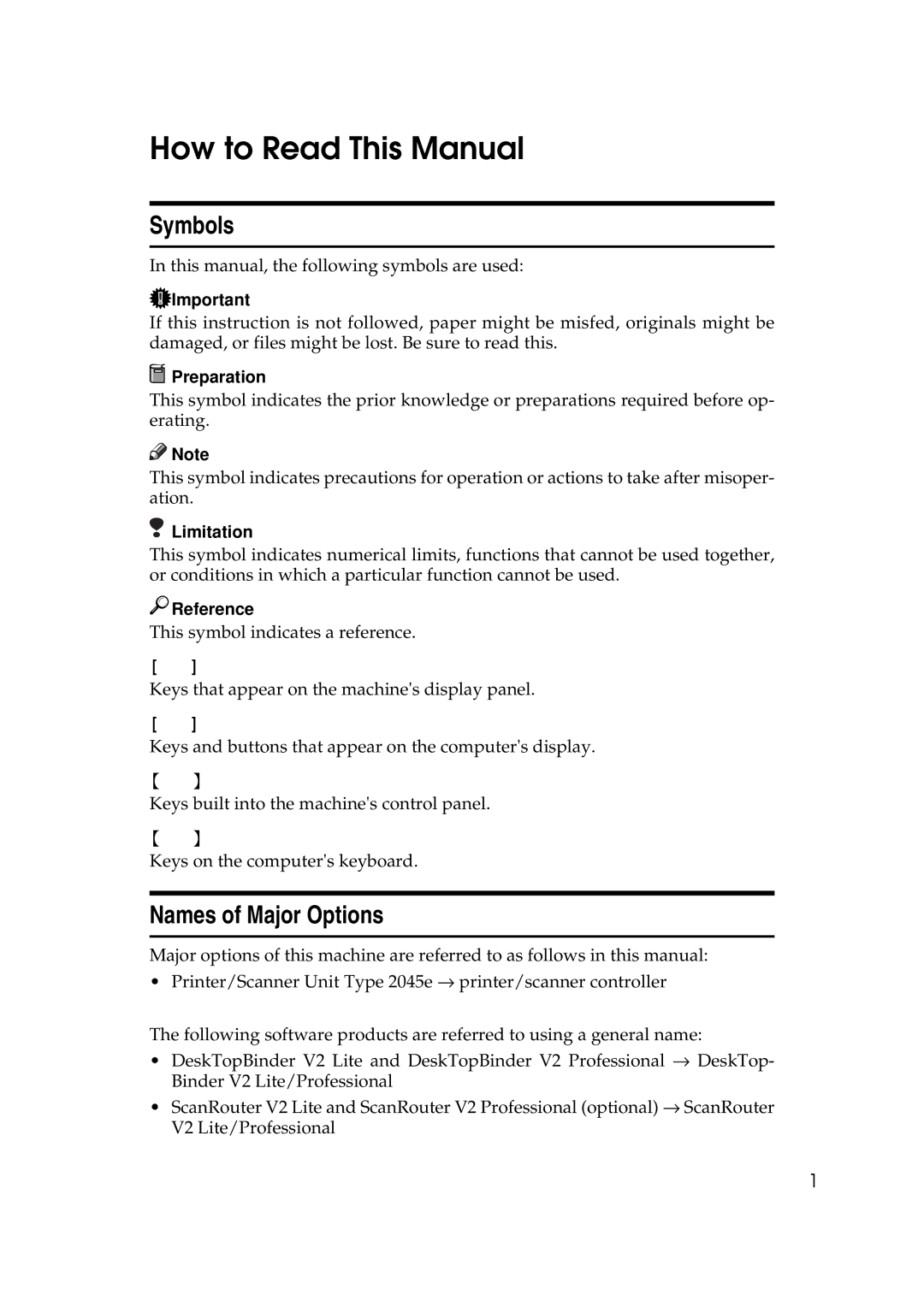 Savin 2045e appendix How to Read This Manual, Symbols, Names of Major Options 