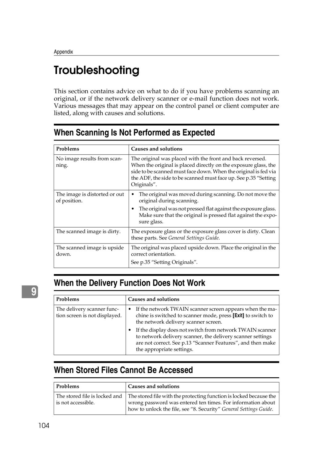 Savin 2045e Troubleshooting, When Scanning Is Not Performed as Expected, When the Delivery Function Does Not Work, 104 