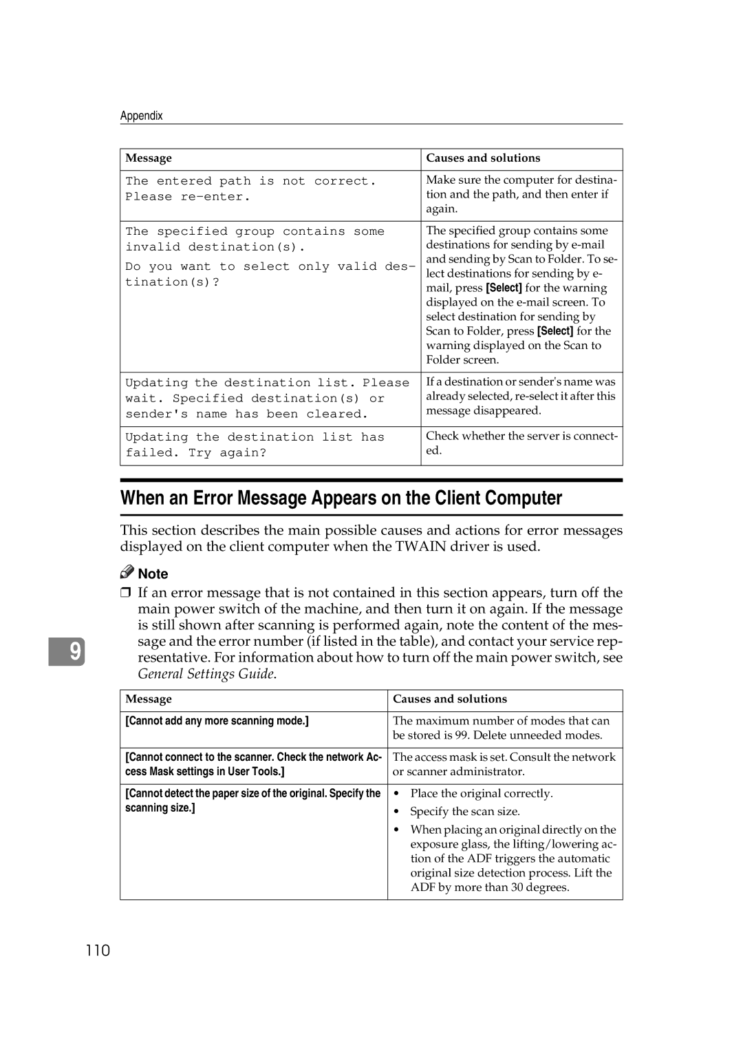 Savin 2045e appendix When an Error Message Appears on the Client Computer, 110 